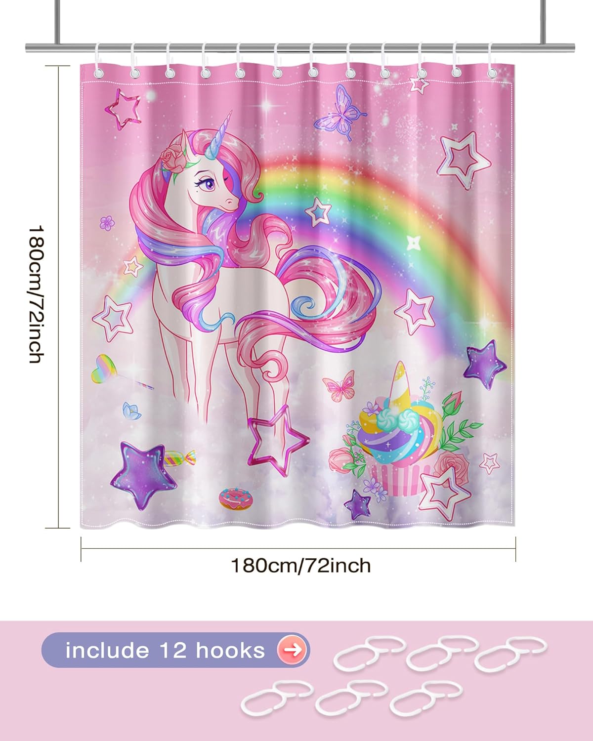 Lindameer - Rainbow Unicorn Butterfly Sunset 72x72 Inch Shower Curtain Set