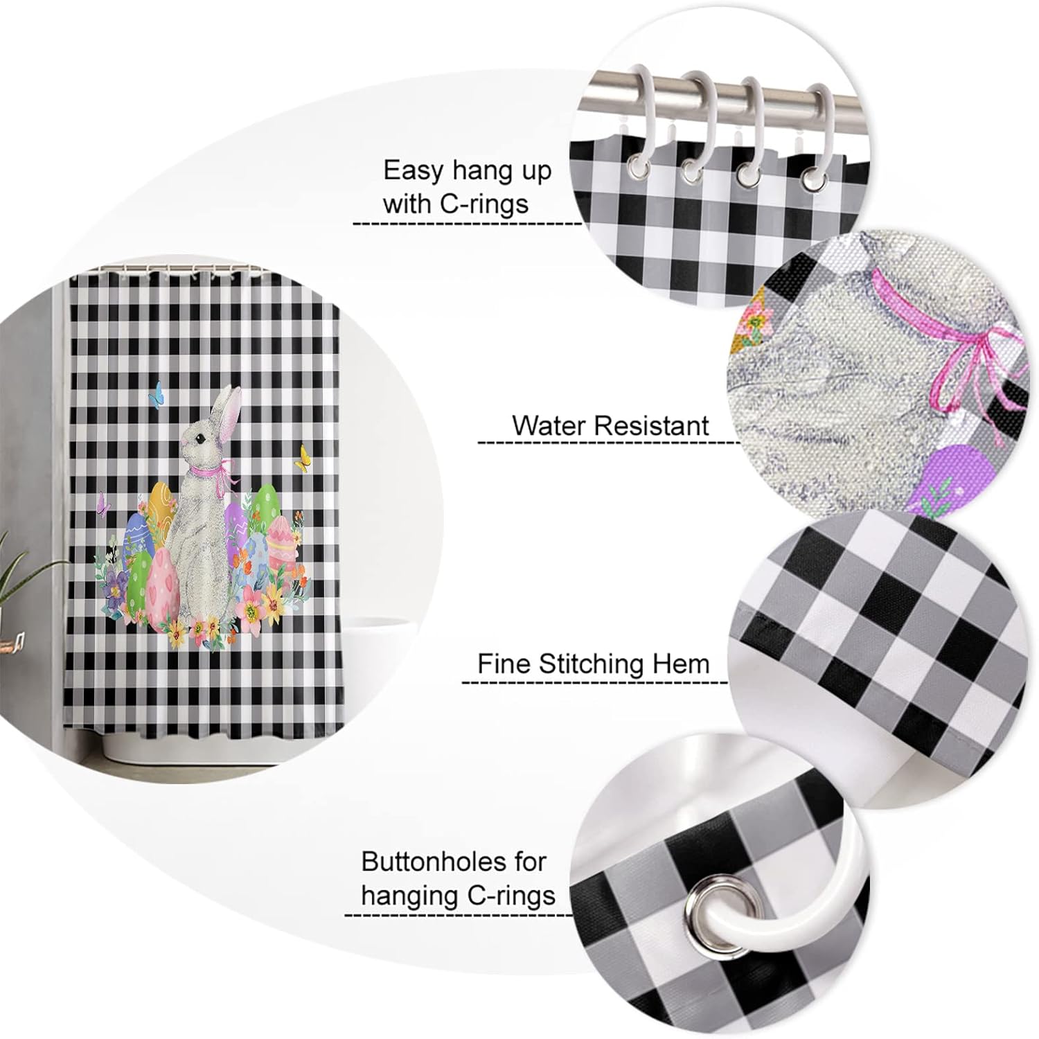 Waterproof Bath Curtain Cute Rabbit Design Machine Washable 66x72