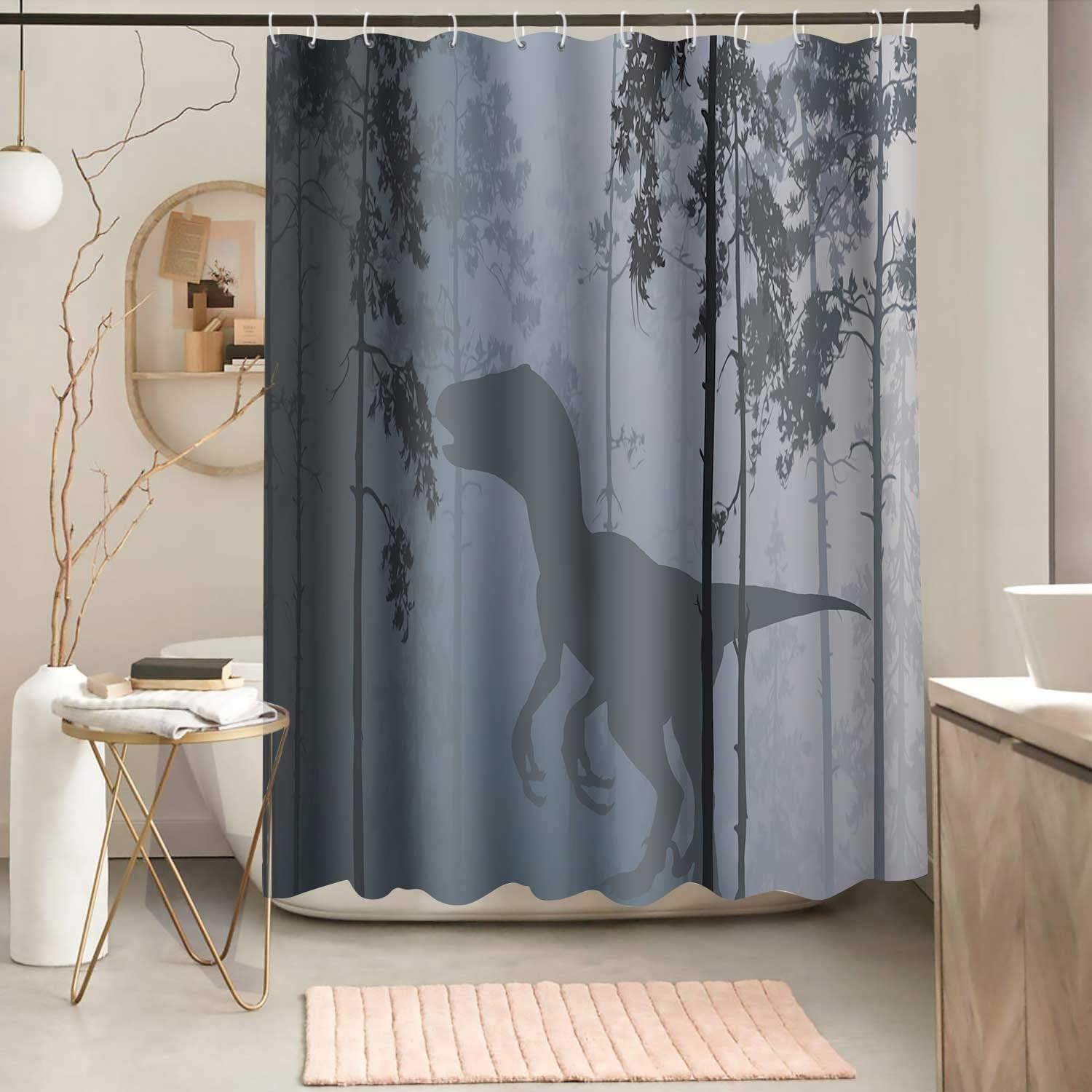 Dinosaur Shower Curtain Set Tyrannosaurus Rex Silhouette with 12-Pack Plastic Hooks