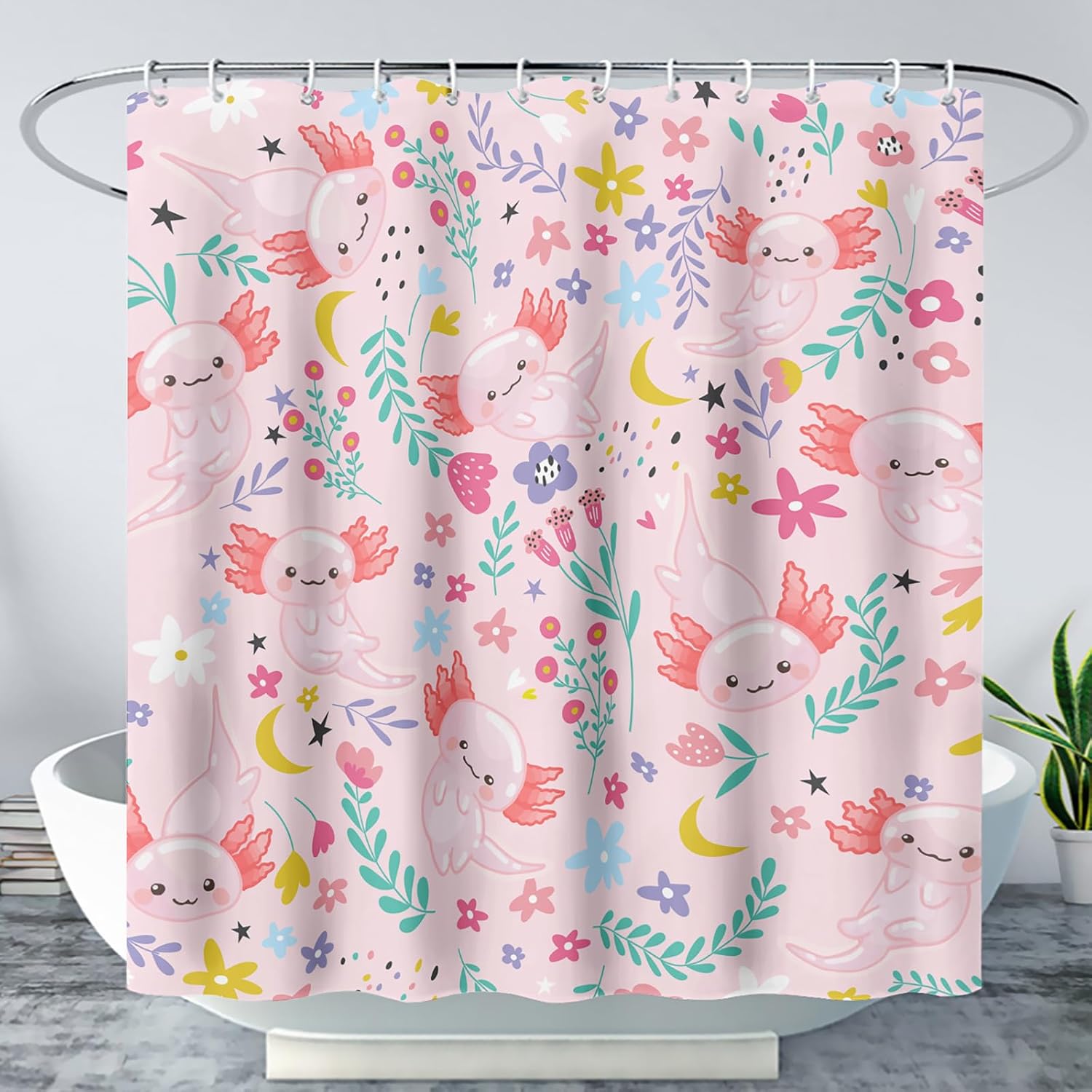 Qoomo Cartoon Axolotl Pink Bath Shower Curtain 72x72 inches