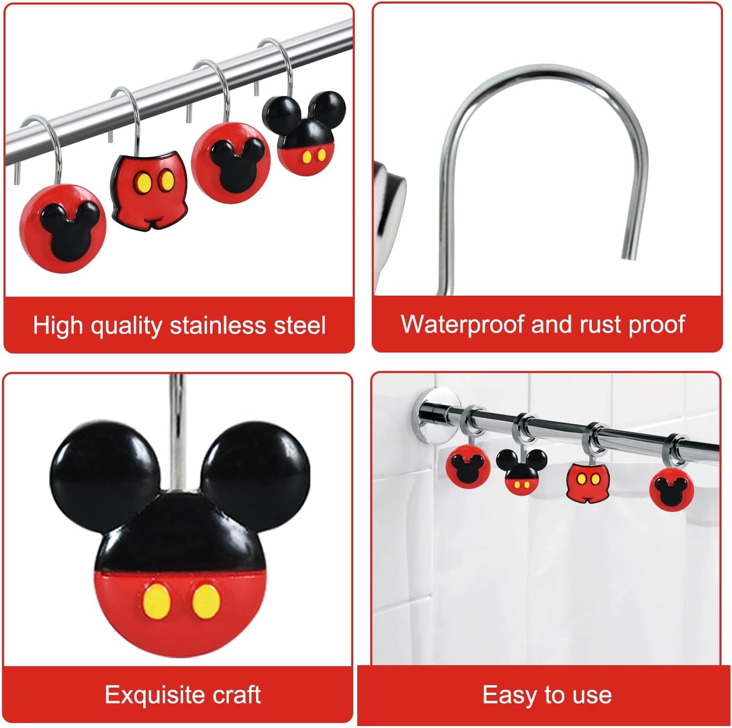 12-Piece Mouse-Themed Stainless Steel Shower Curtain Hooks Set