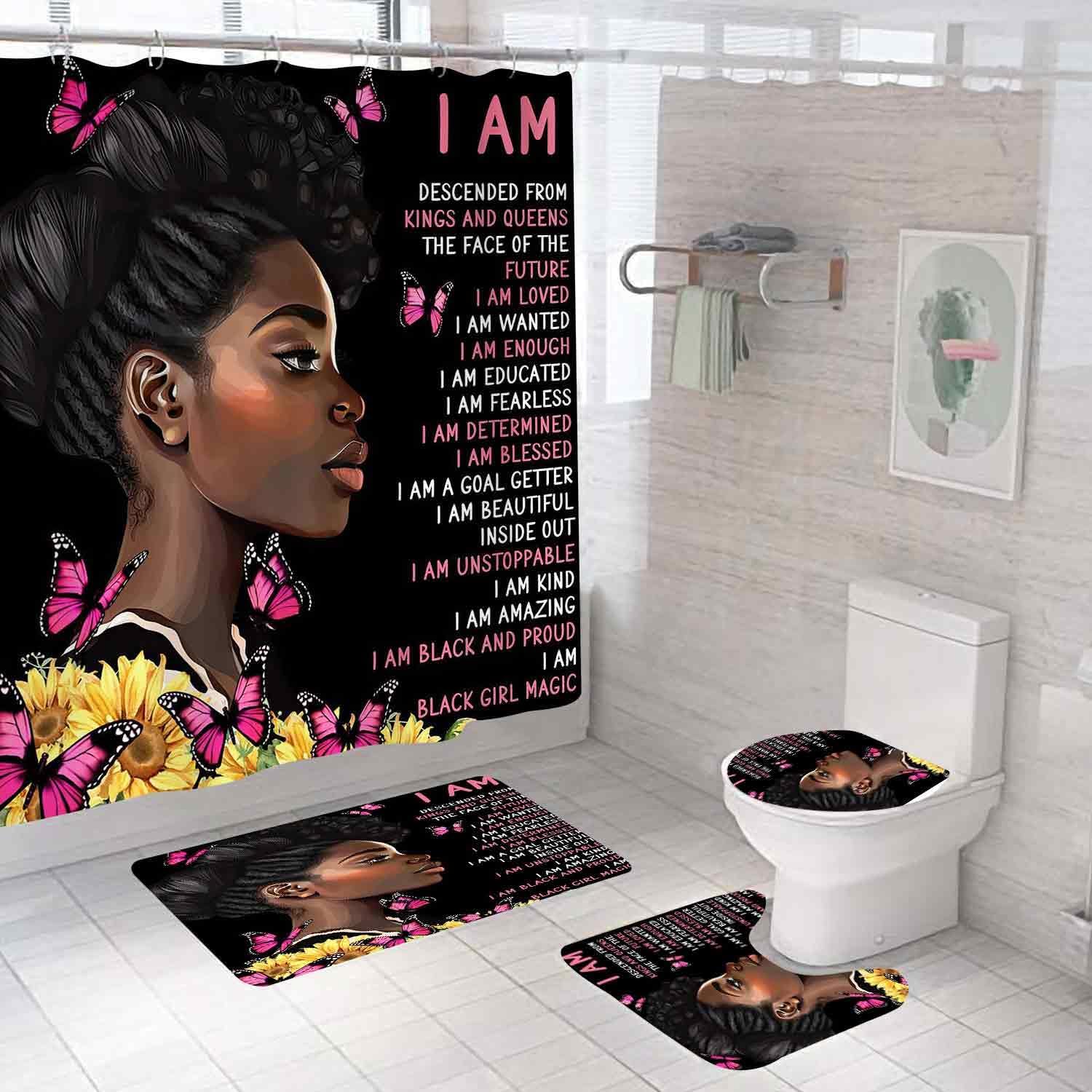 4PCS Black Girl Shower Curtain Set with Rugs Quotes