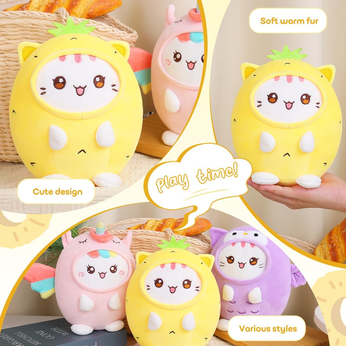 Cute Plush Pineapple Cat Pillow 8 Inch Kawaii Kitten Plushie