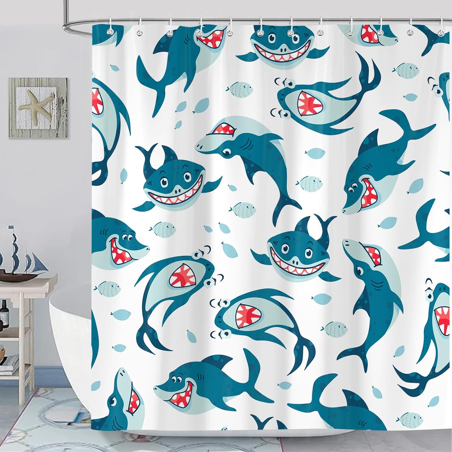 SokdcamFunny Shark Shower Curtain Ocean Wild Fish Kids Bathroom Curtain Set