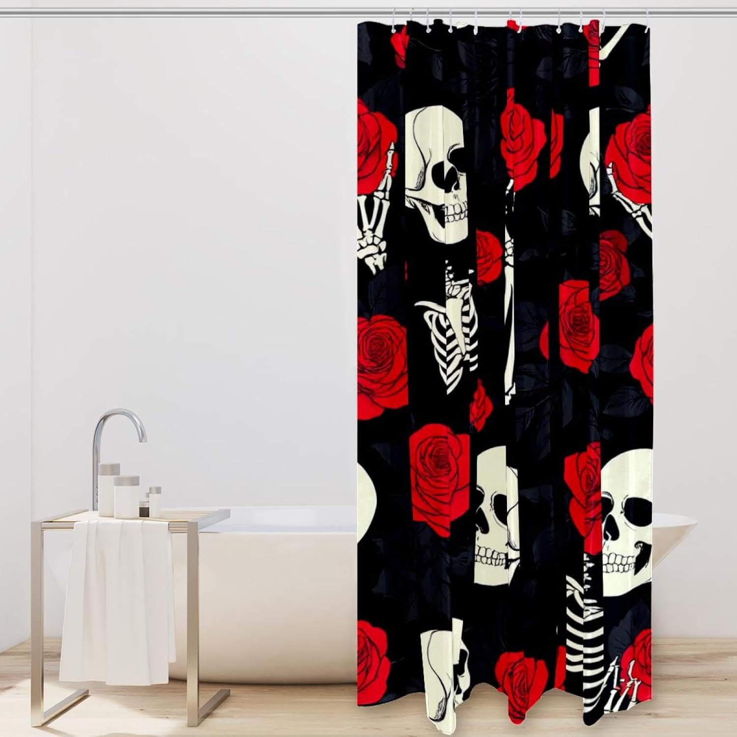 Bath Skeleton Skull Hand Holds Roses Shower Curtain Set - waterproof durable