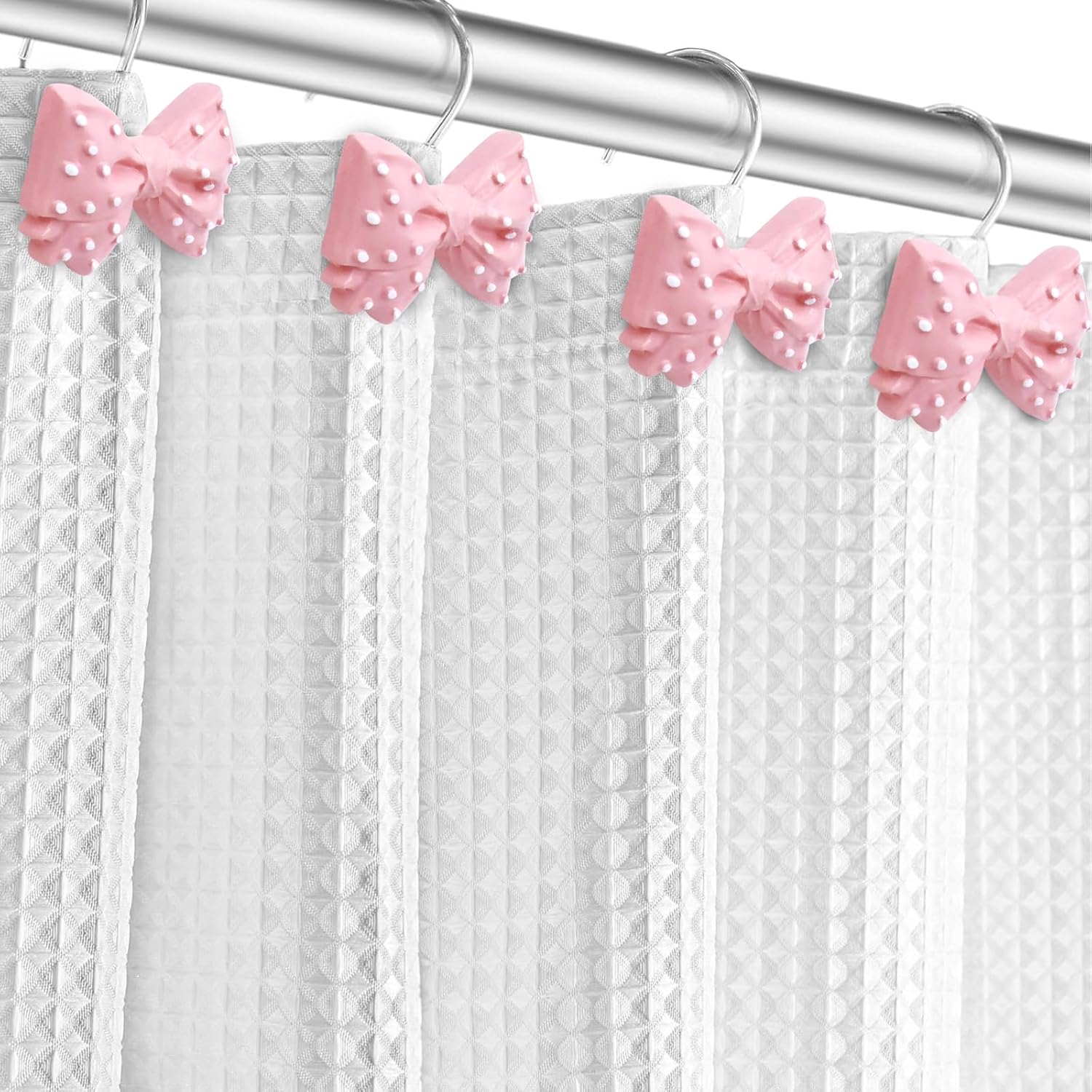 Decorative Bow Shower Curtain Hooks 12 Pcs Pink Polka Dots