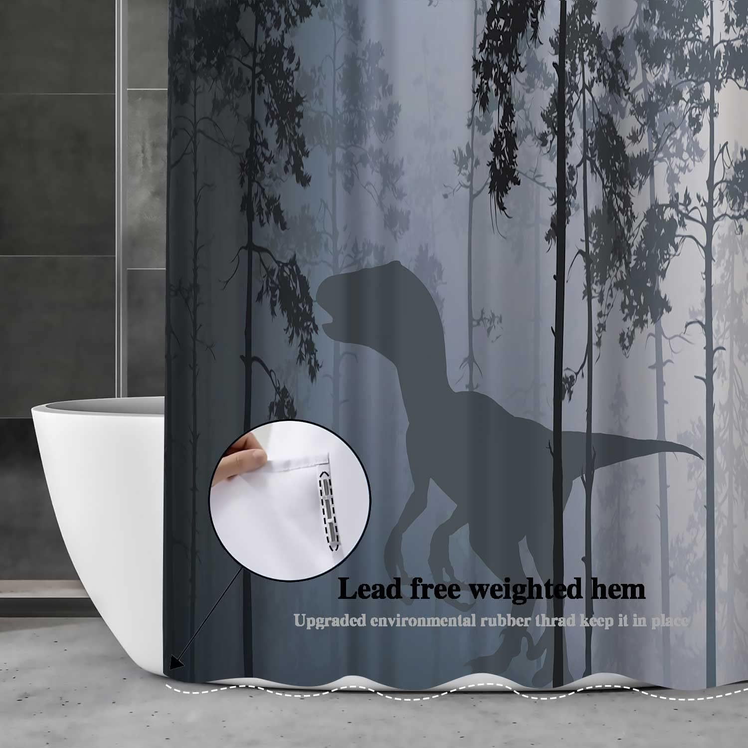 Dinosaur Shower Curtain Set Tyrannosaurus Rex Silhouette with 12-Pack Plastic Hooks