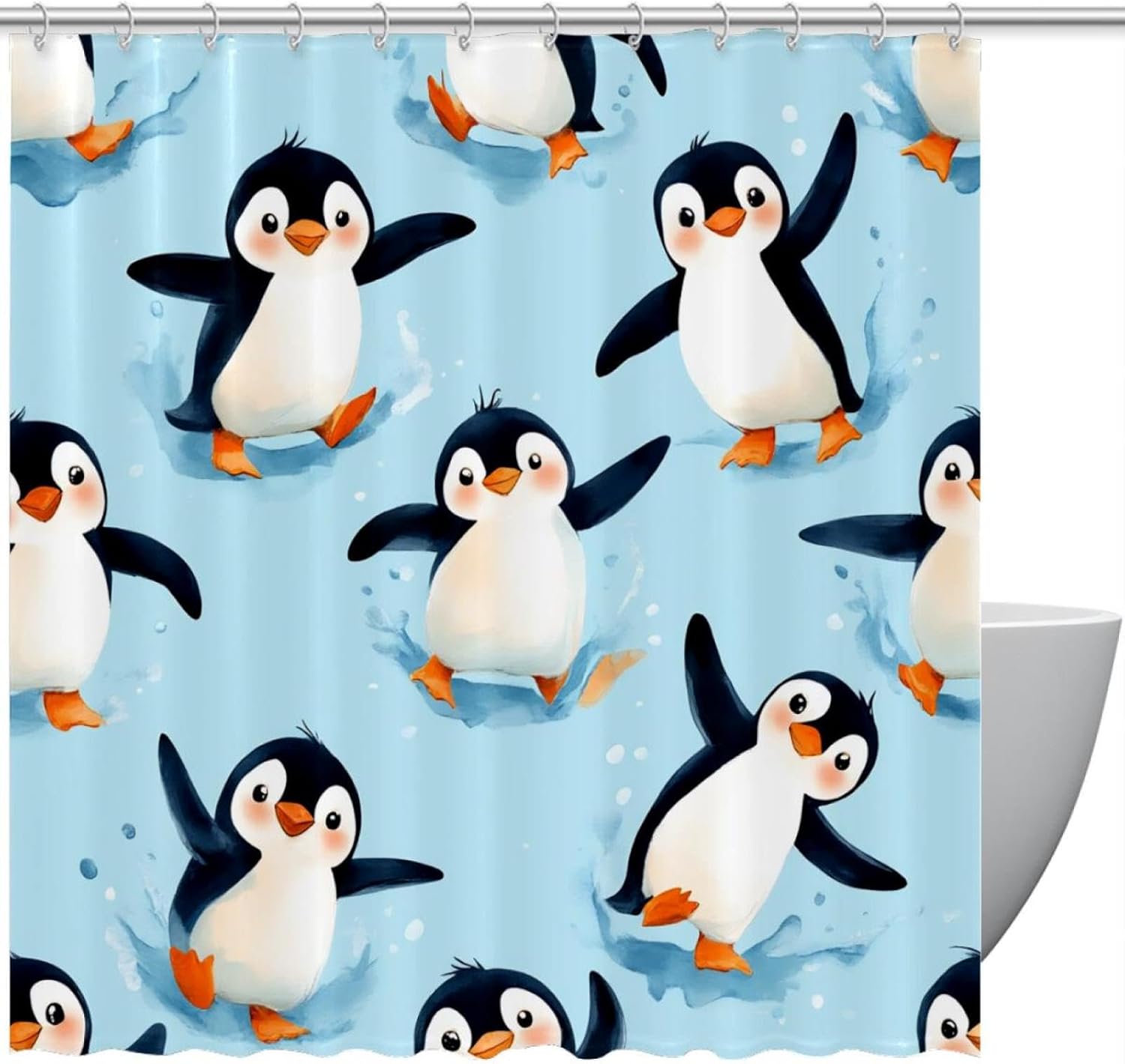 Joyful Penguins Waterproof Shower Curtain Set