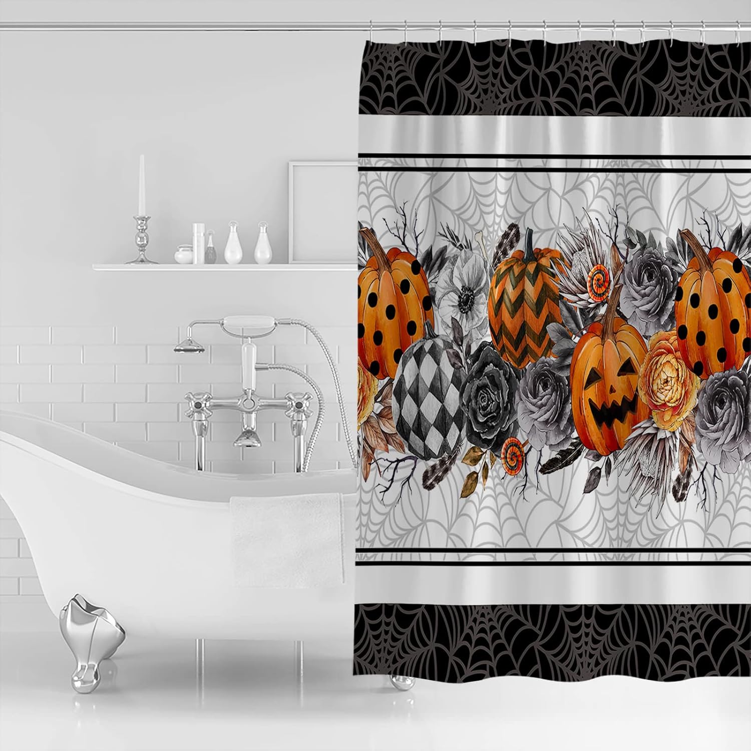 Halloween Orange pumpkin waterproof shower curtain set with hooks