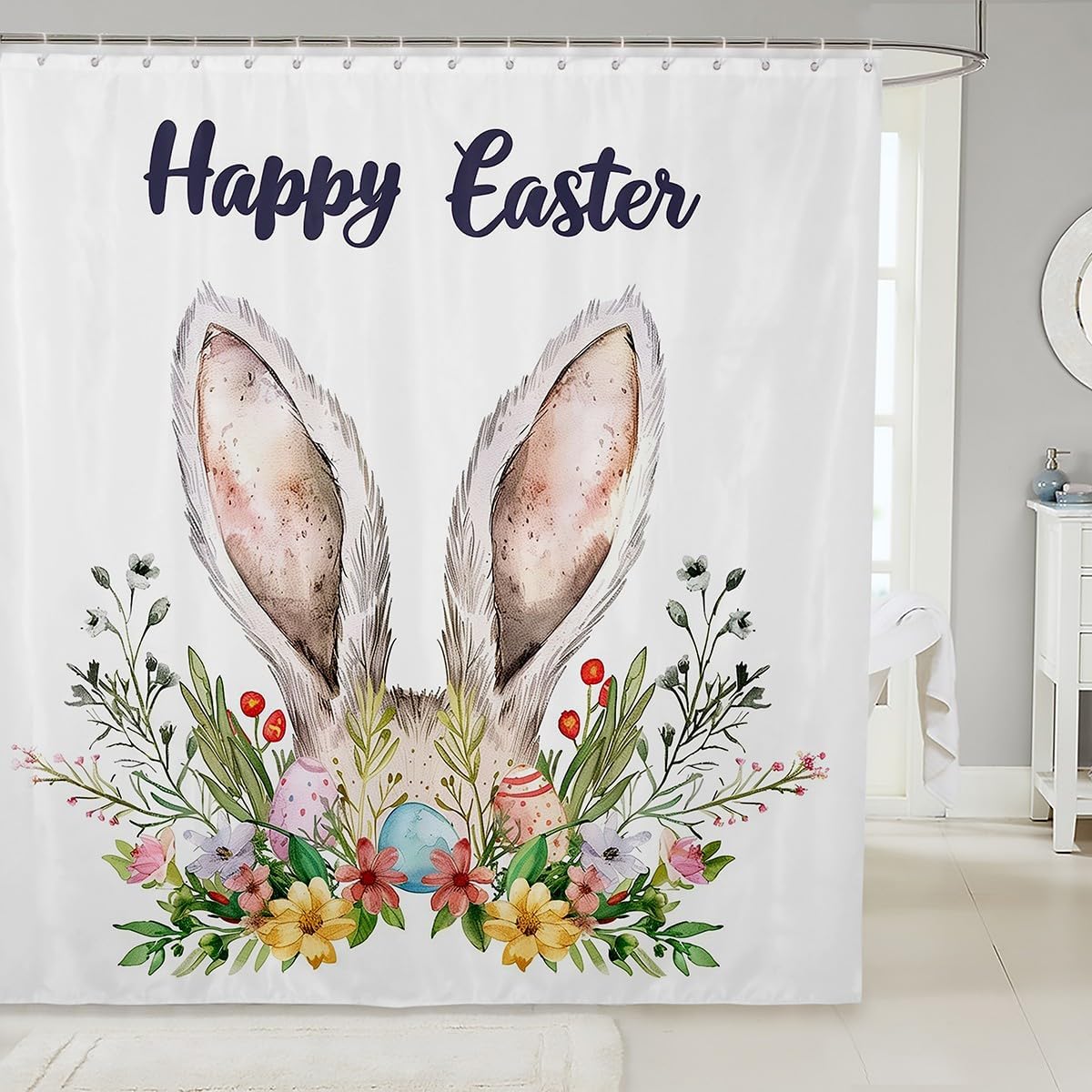JEJELOIU Cute Rabbit Bathroom Shower Curtain Set for Kids Easter beyond