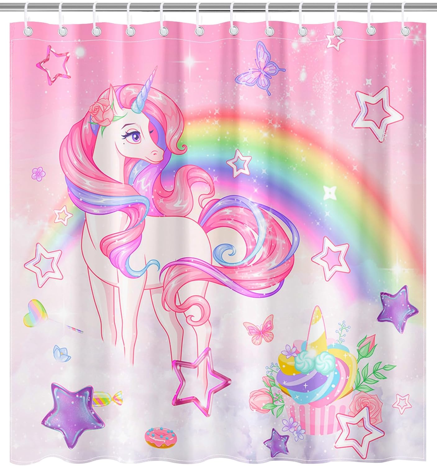 Lindameer - Rainbow Unicorn Butterfly Sunset 72x72 Inch Shower Curtain Set