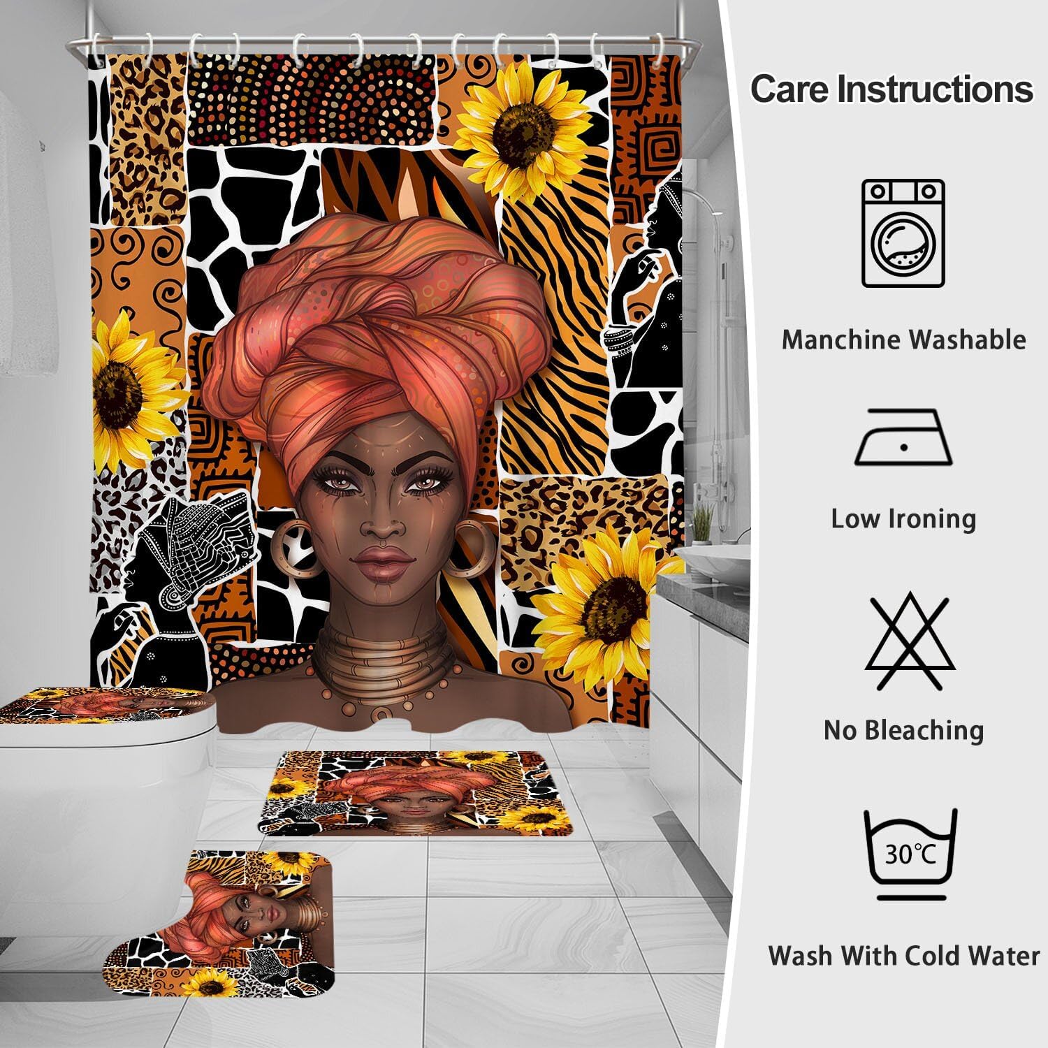 Elegant African-Inspired Black Woman Shower Curtain Set