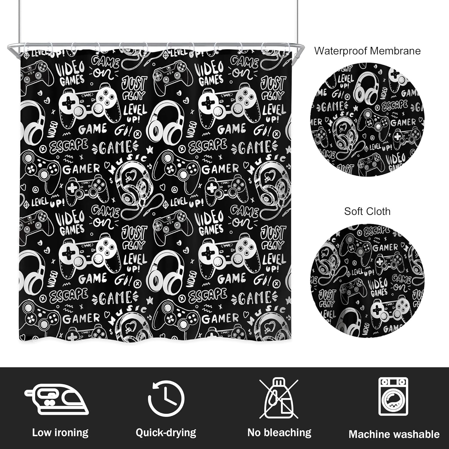 Boys Gamer Shower Curtain 72Wx72H Inch Gaming Controller Waterproof Design