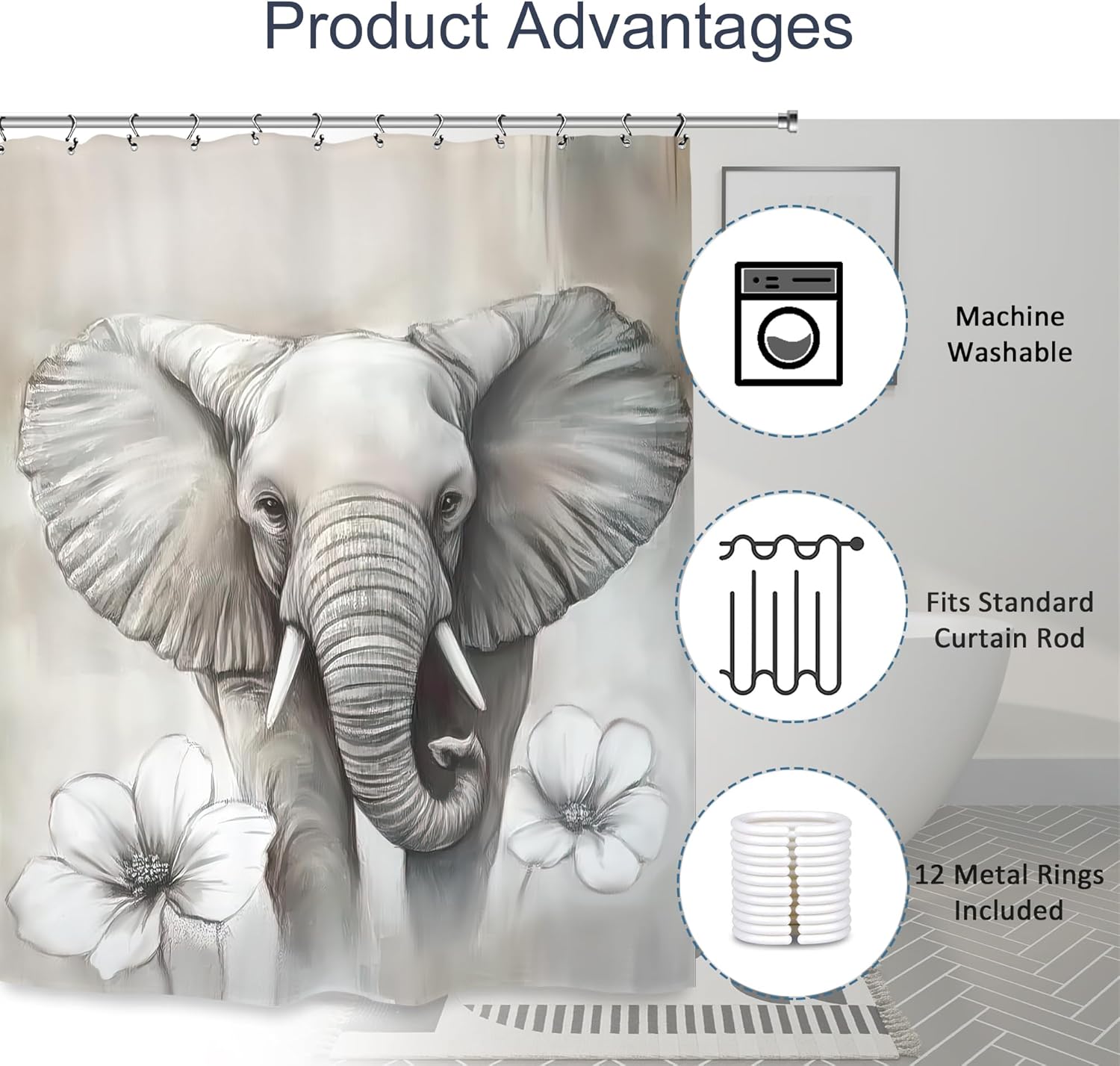 Cute Elephant Shower Curtain with 12 Hooks