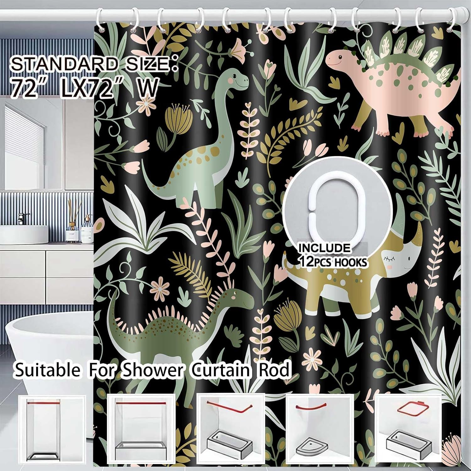 Funny Dinosaur Black Shower Curtains Great for Your Bathroom and Kids Too