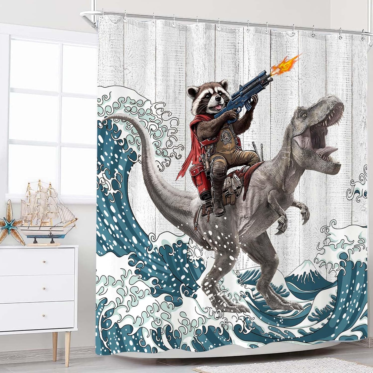 Funny Raccoon Dinosaur Bath Curtain