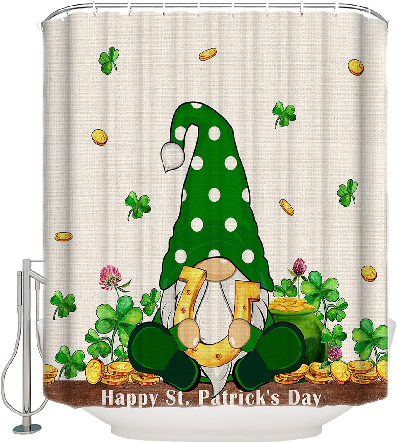 Waterproof Irish Gnomes Green Clover Shower Curtain