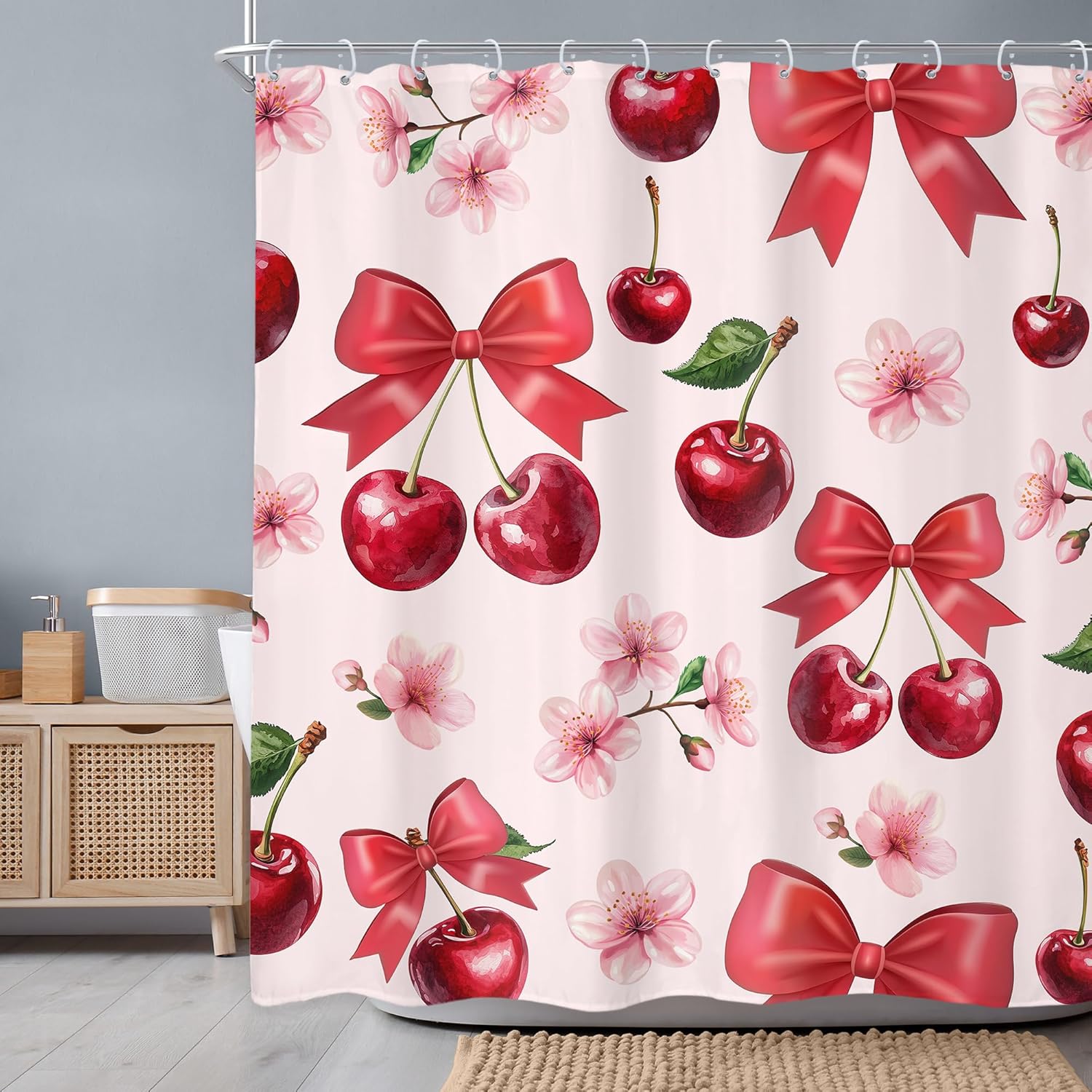 Pink Bow Cherry Shower Curtain 60x72 In