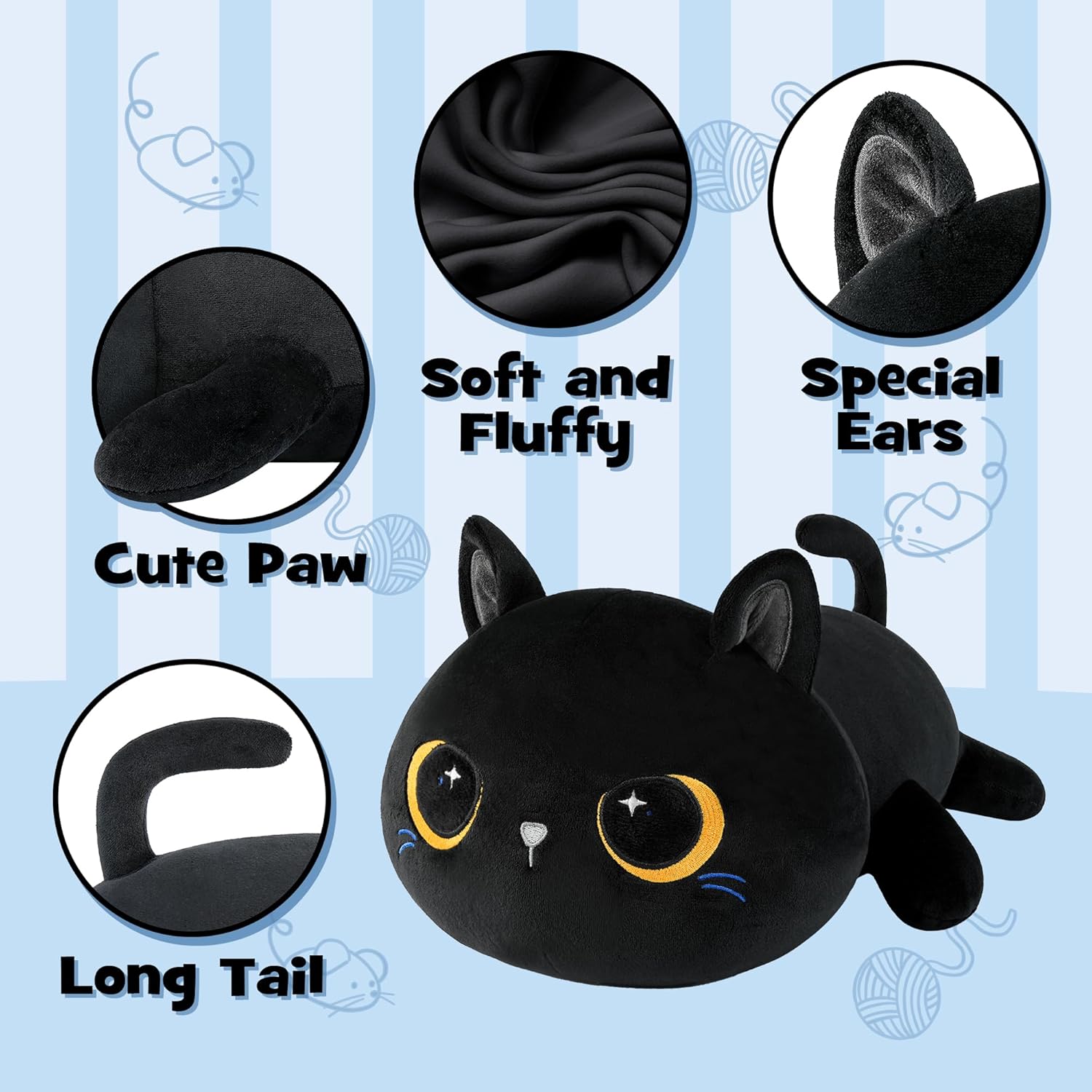 Stuffed Animal Pillow Black Cat Design Cozy for Kids Adults