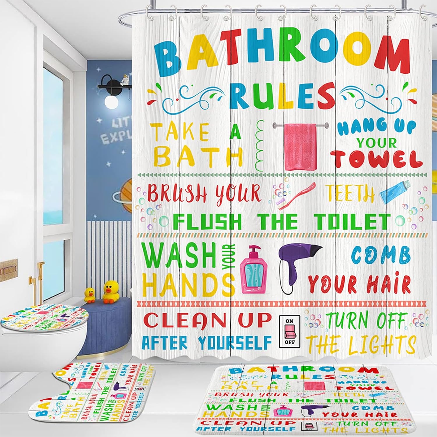 Fun bath time with 4pc Pinpai Kids Shower Curtain Set