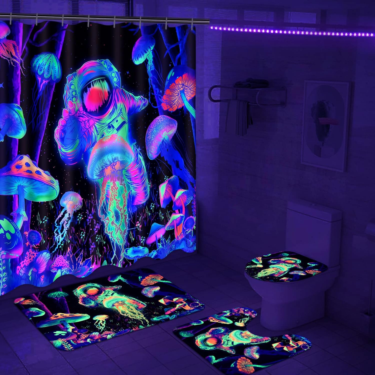 Alishomtll 4 Pcs Blacklight Astronaut Shower Curtain Set with Rugs