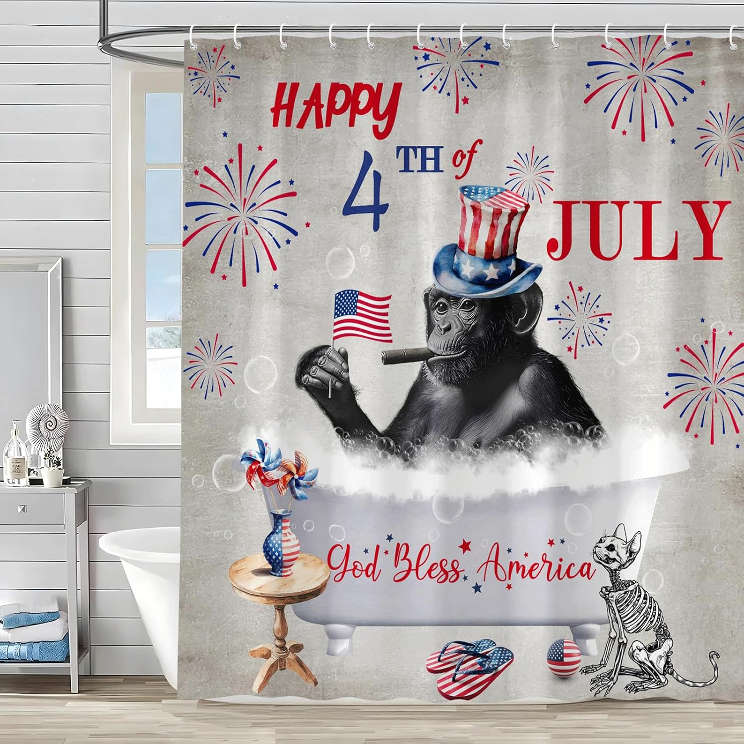 Patriotic Monkey 4th of July 70-inch shower curtain with American Flag design