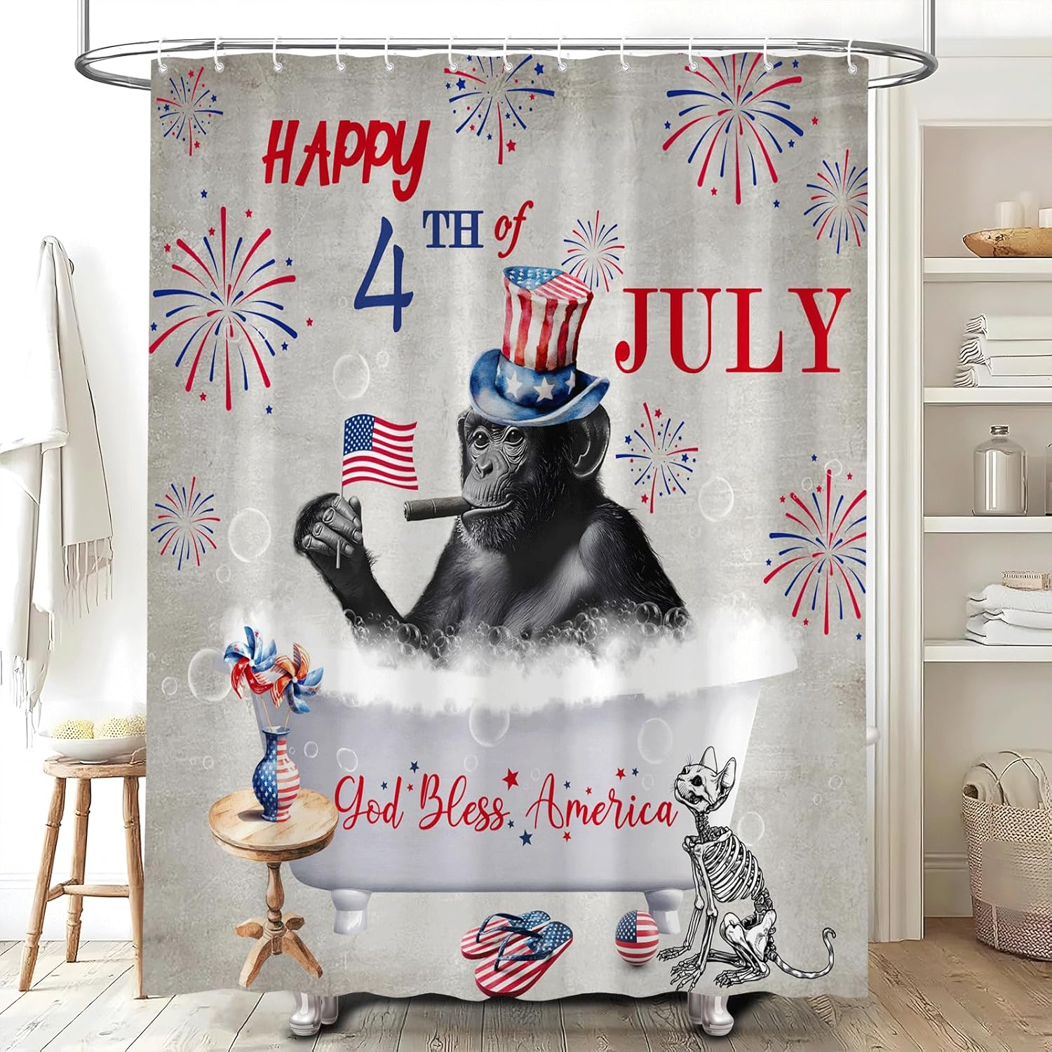 Patriotic Monkey 4th of July 70-inch shower curtain with American Flag design