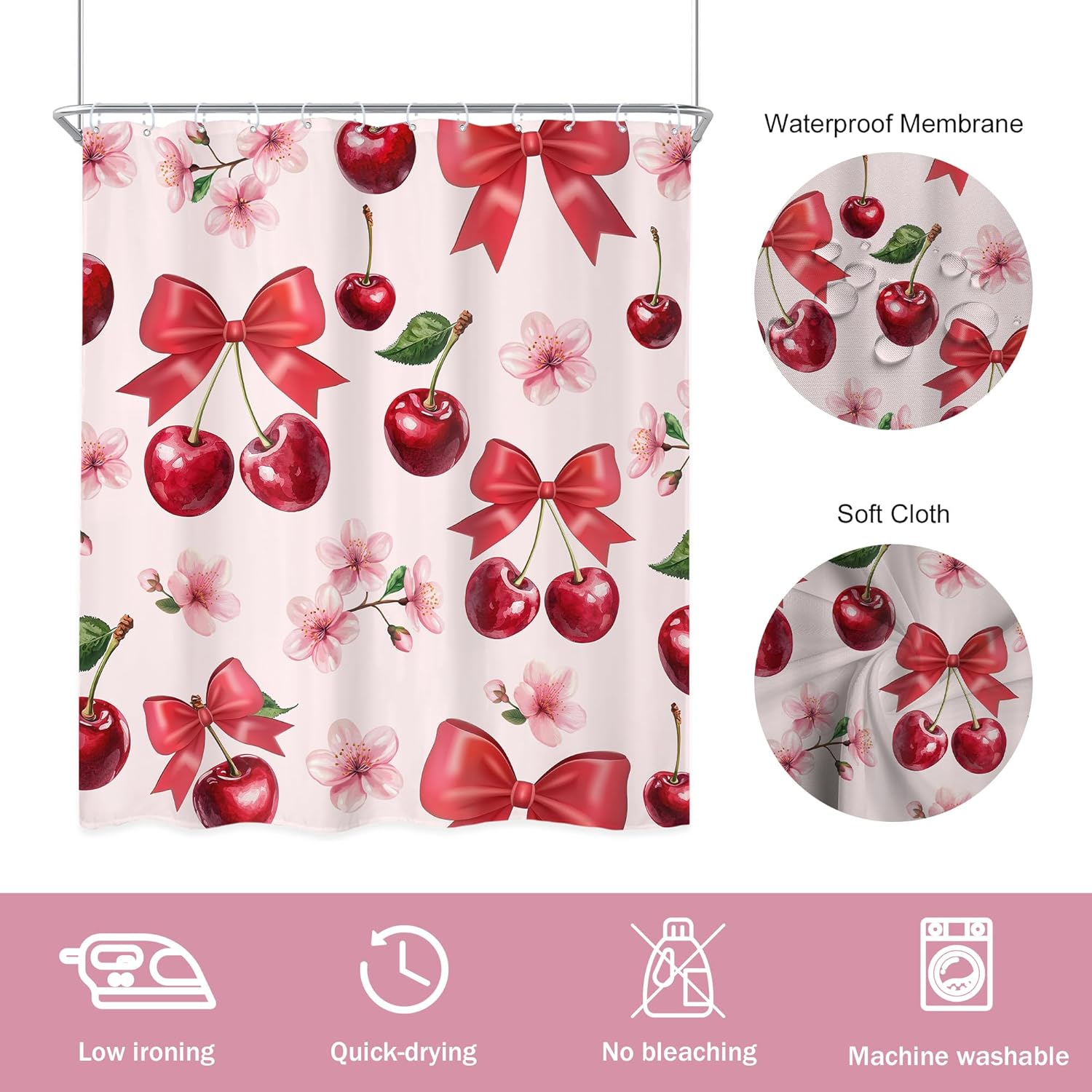 Pink Bow Cherry Shower Curtain 60x72 In
