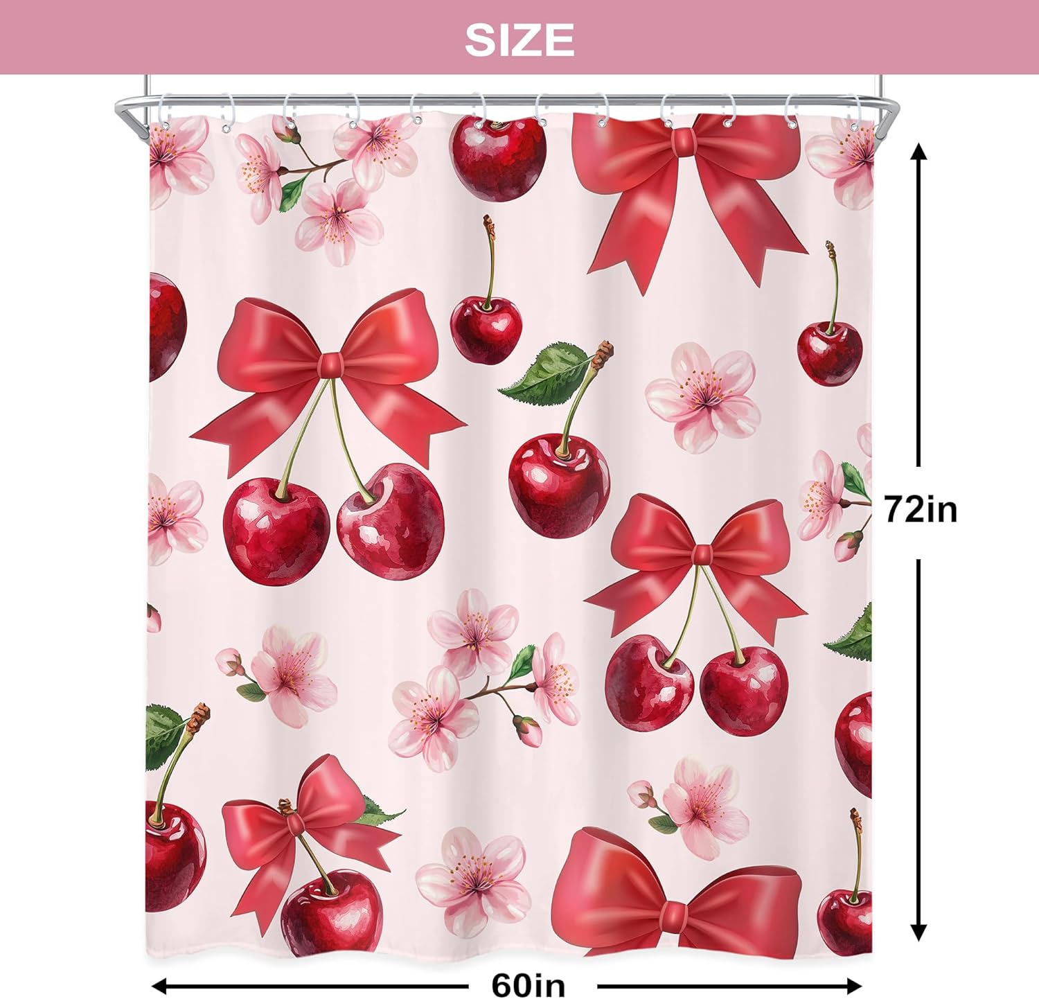 Pink Bow Cherry Shower Curtain 60x72 In