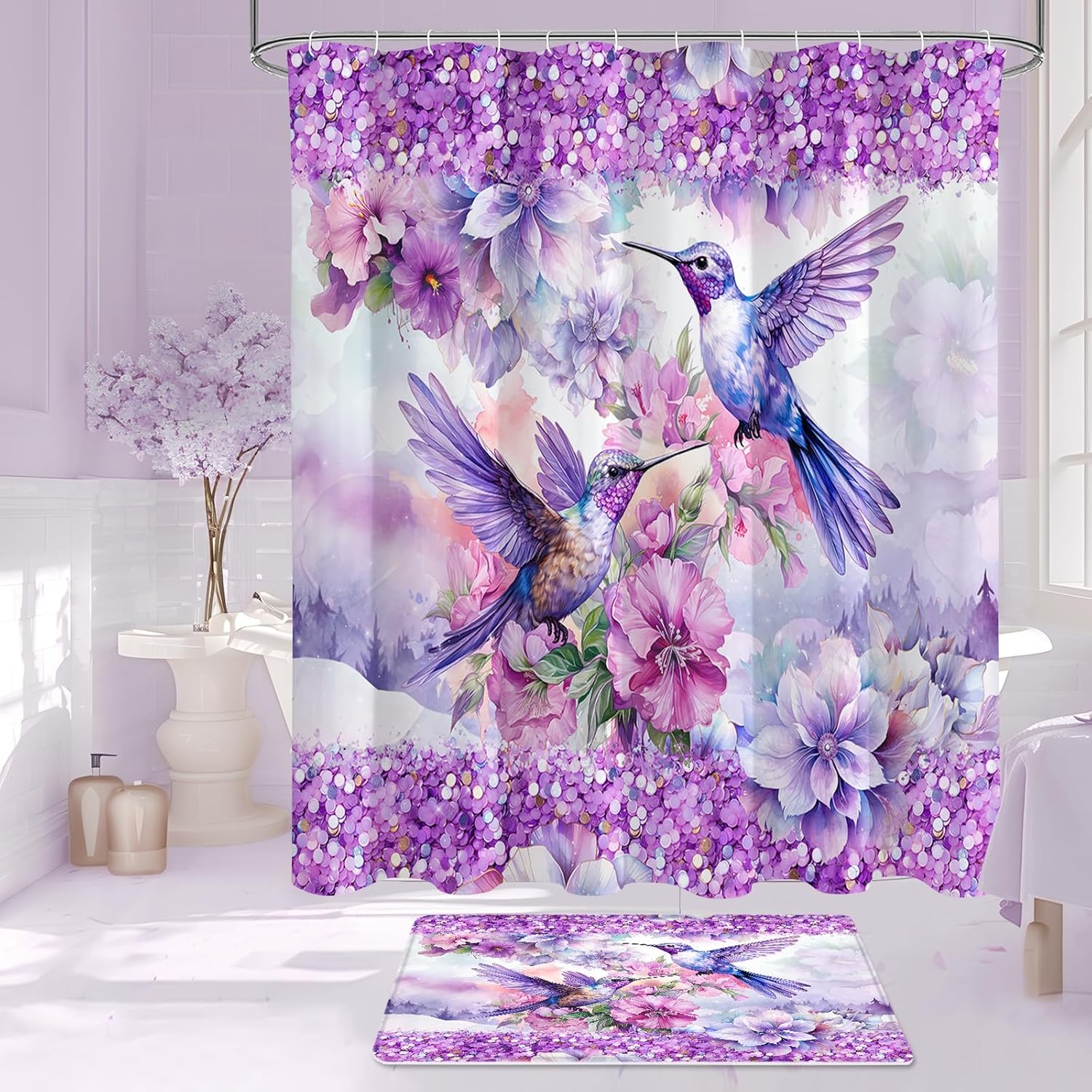 4-Pcs Purple Hummingbird Bath Decor Set with Rugs