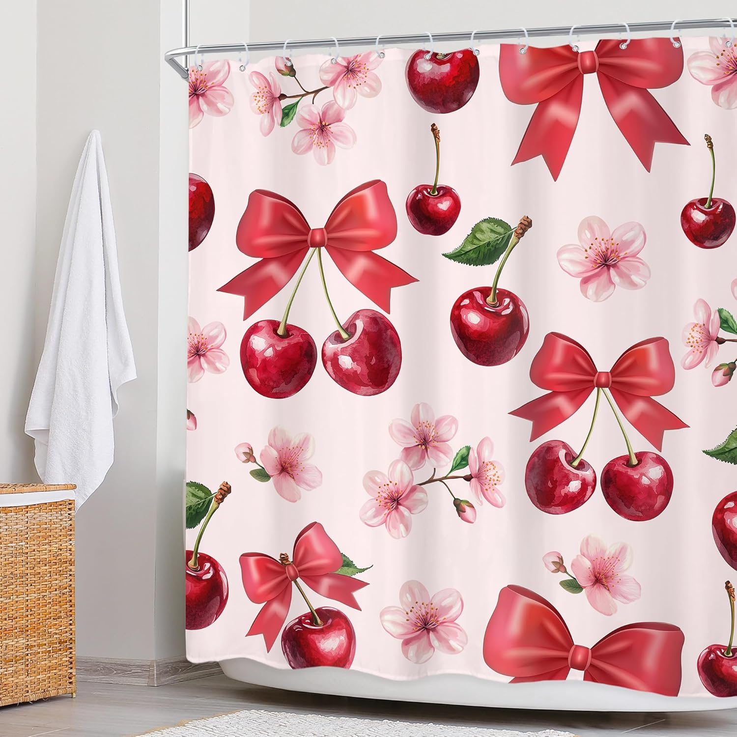Pink Bow Cherry Shower Curtain 60x72 In