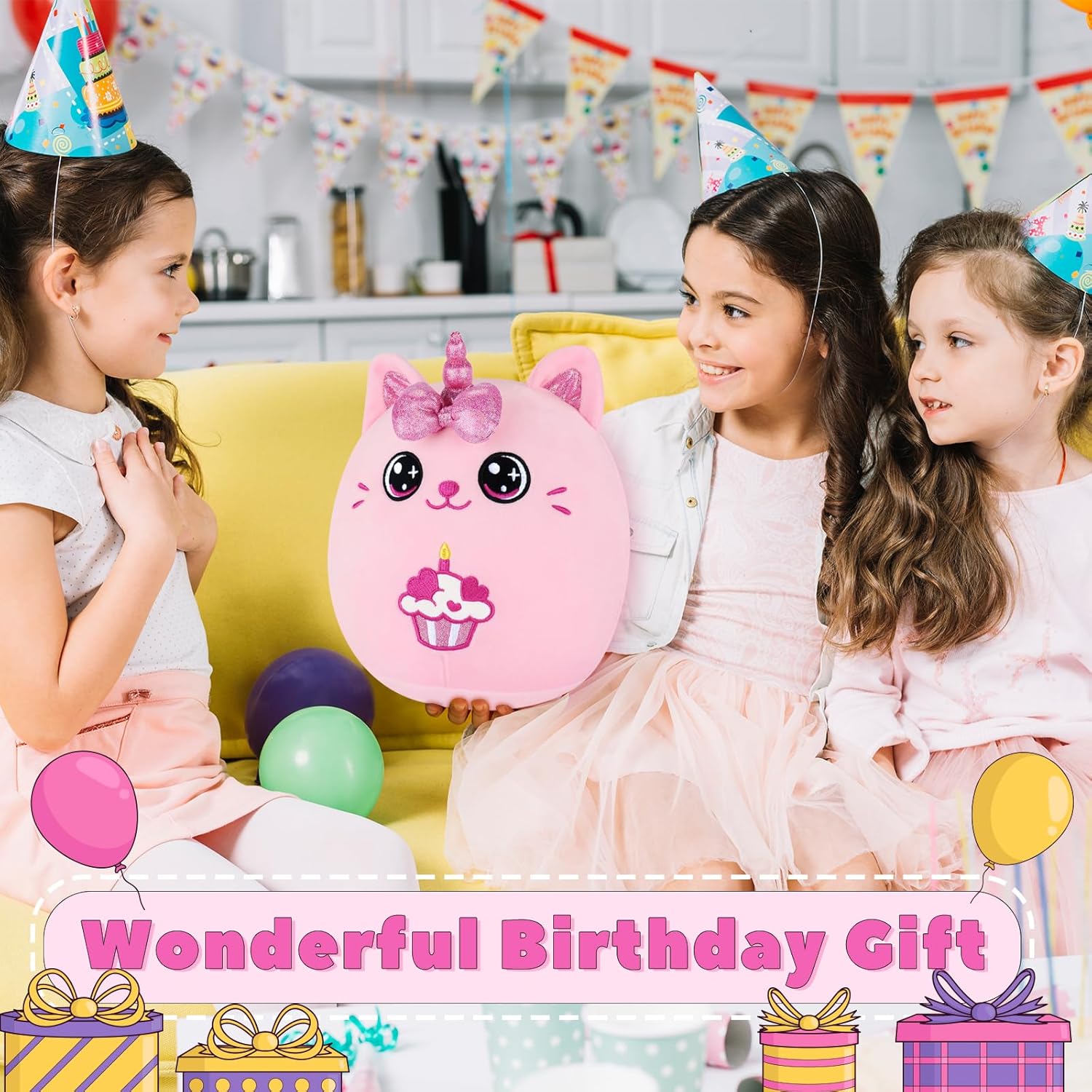 Auspicious Beginning Birthday Unicorn Cat Plush Pillow - 11 Inches Pink