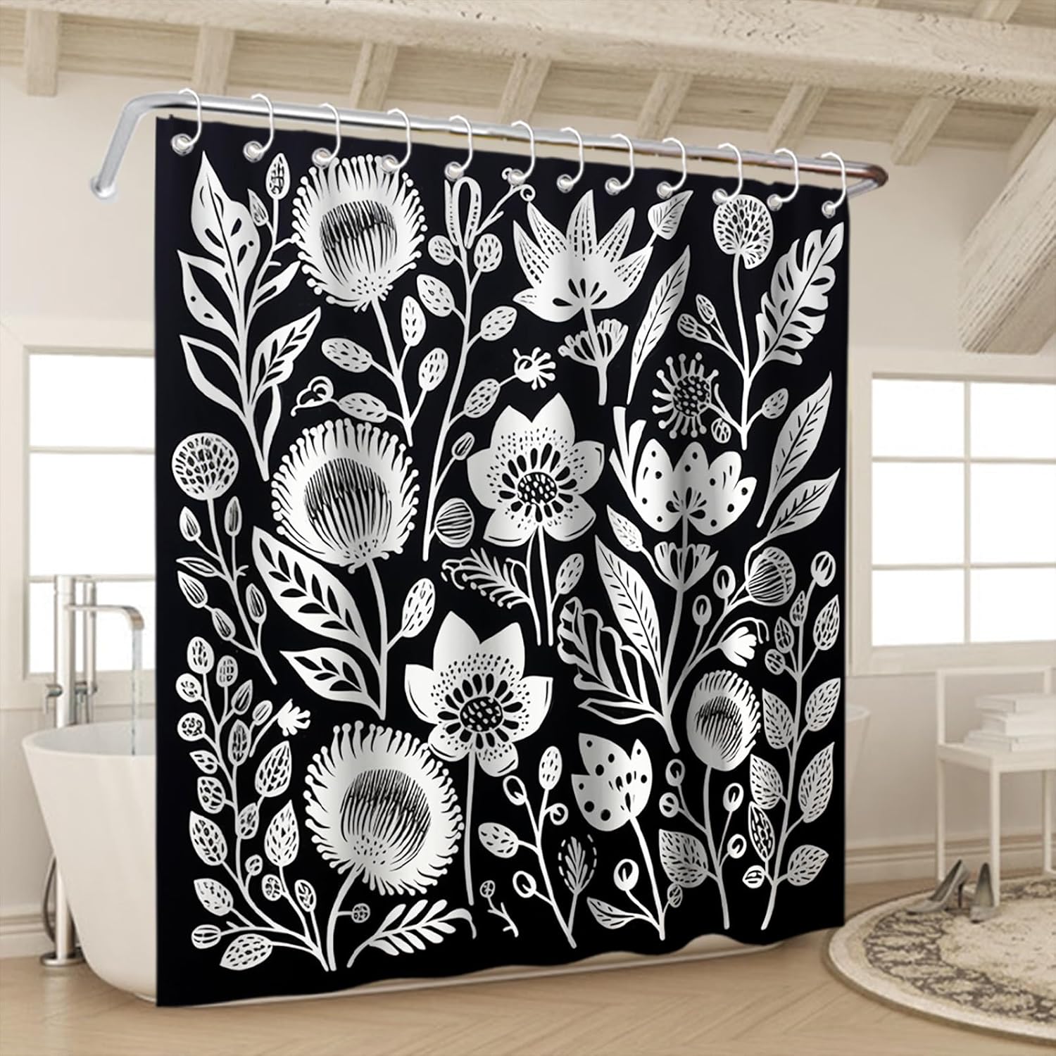 OTRANTO Black and White Floral Shower Curtain Set