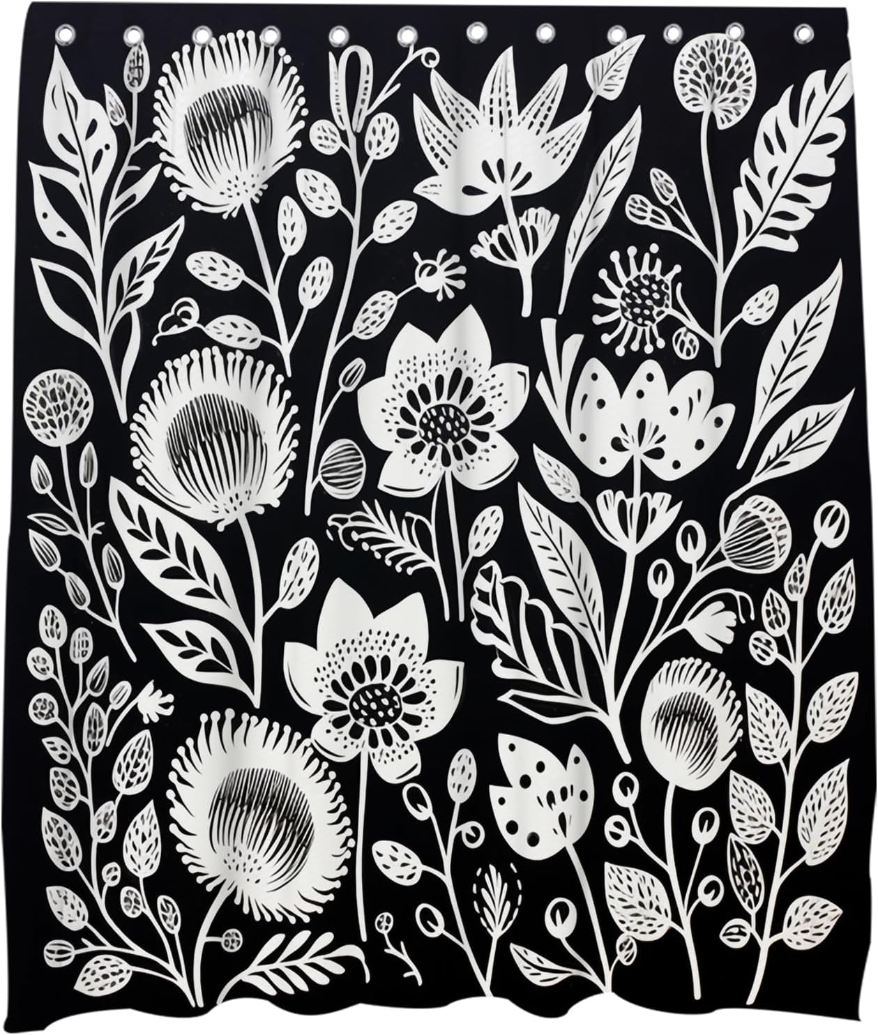 OTRANTO Black and White Floral Shower Curtain Set