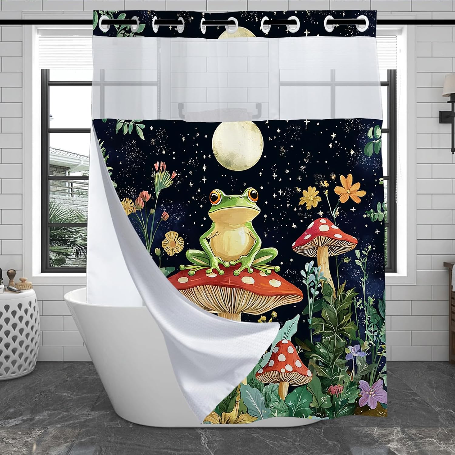 Cute Frog Shower Curtains Waffle Fabric Waterproof No Hook