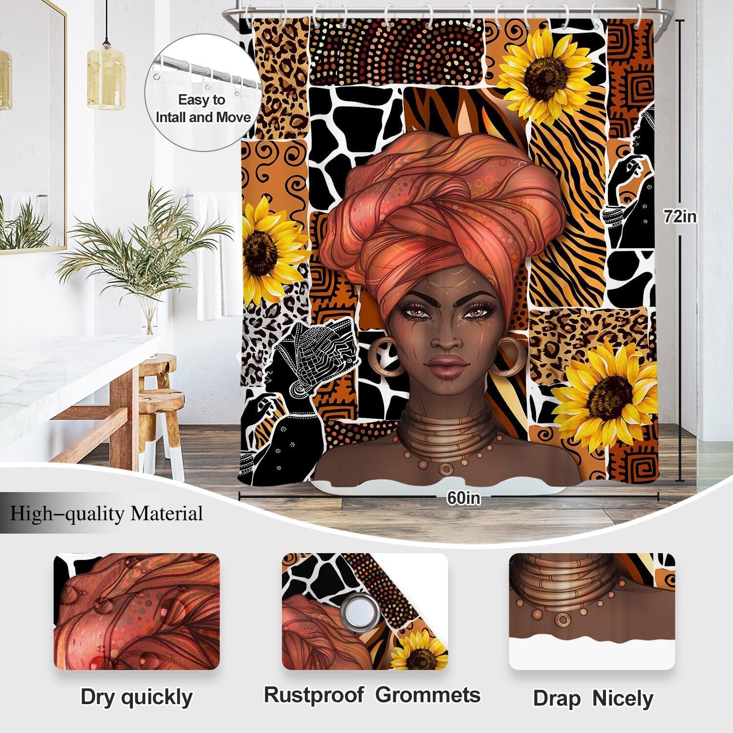 Elegant African-Inspired Black Woman Shower Curtain Set