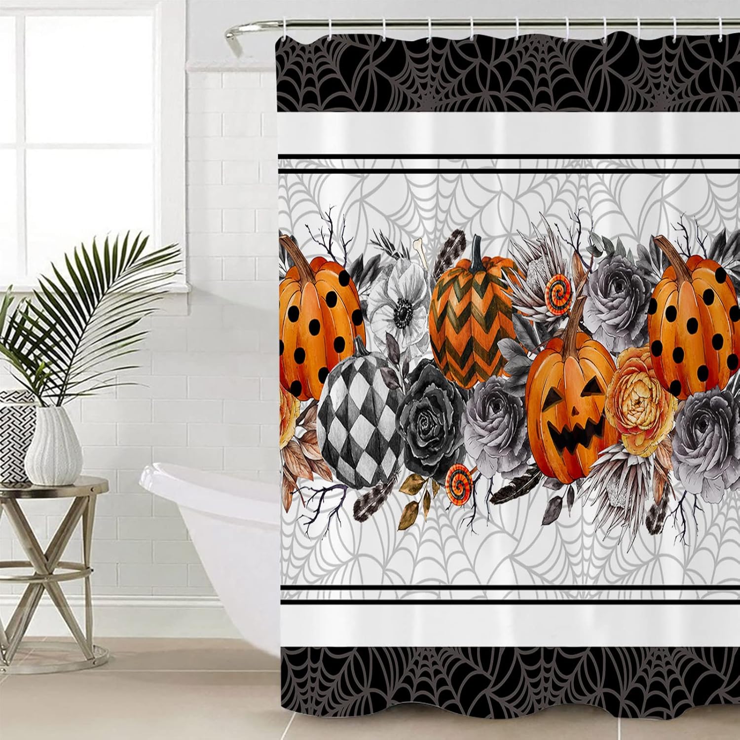 Halloween Orange pumpkin waterproof shower curtain set with hooks