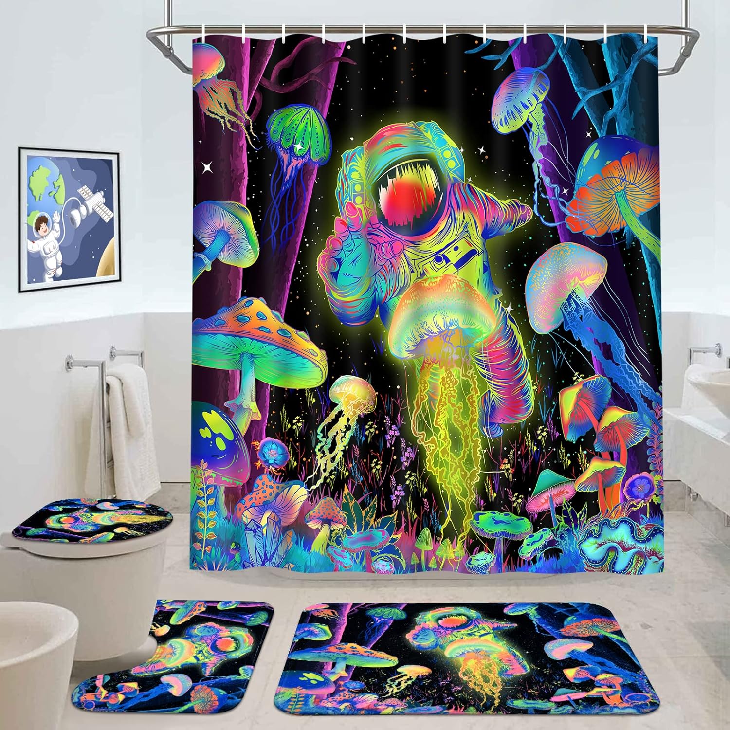 Alishomtll 4 Pcs Blacklight Astronaut Shower Curtain Set with Rugs