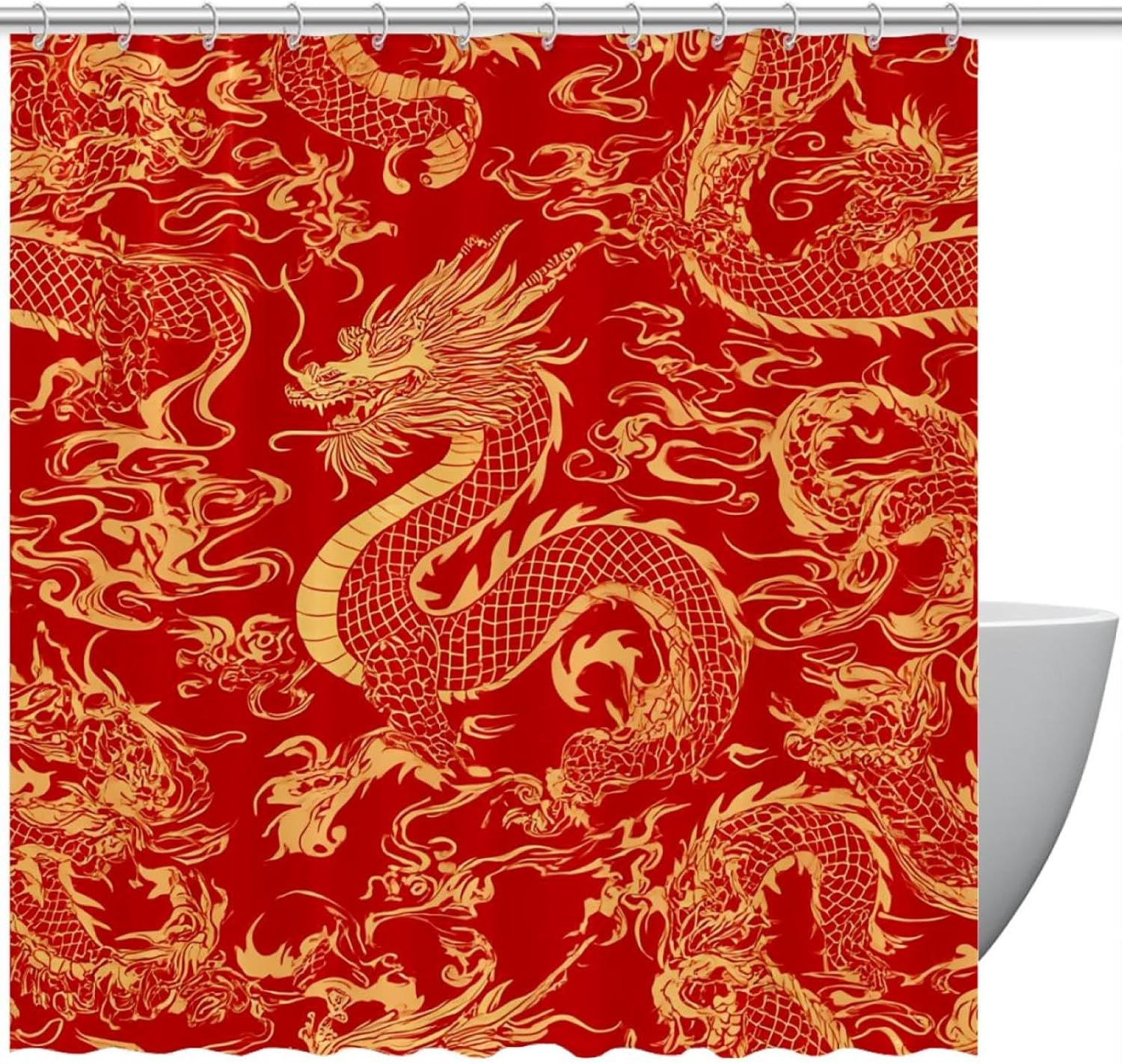 Gold Red Chinese Dragon Shower Curtain Set with 12 Hooks 66x72 Inches