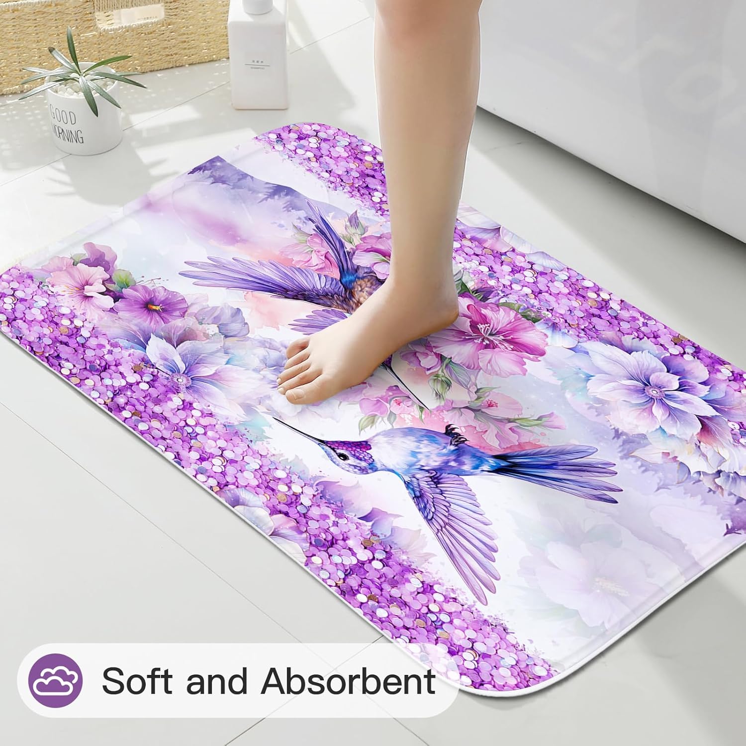 4-Pcs Purple Hummingbird Bath Decor Set with Rugs