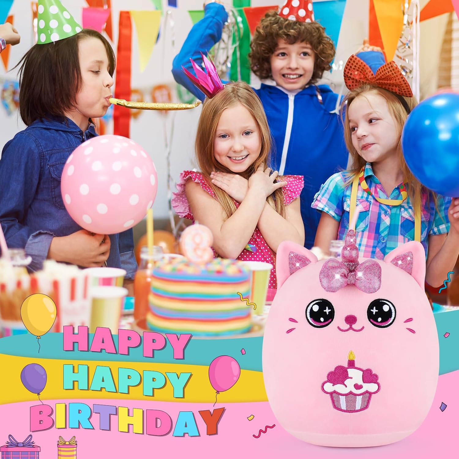 Auspicious Beginning Birthday Unicorn Cat Plush Pillow - 11 Inches Pink