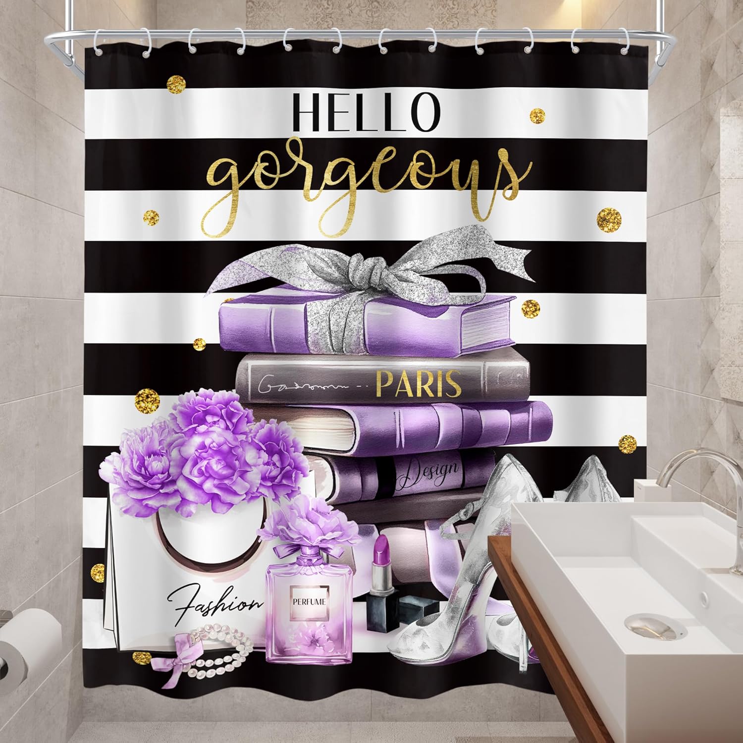 CinblooBlack Purple shower curtain set