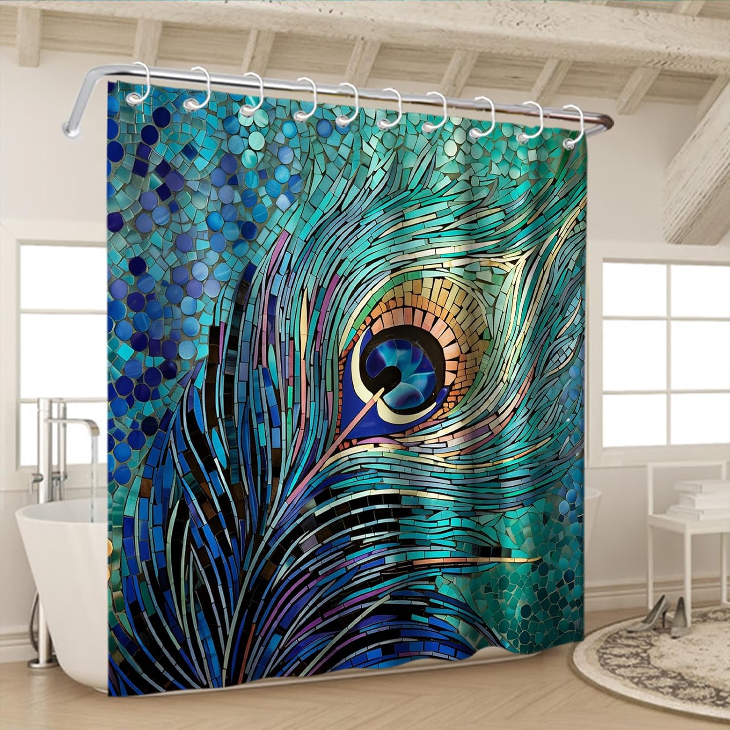 Elevate Your Bathroom Space with the OTRANTO Peacock Blue Feather Shower Curtain Set