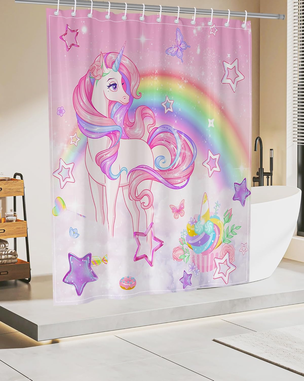 Lindameer - Rainbow Unicorn Butterfly Sunset 72x72 Inch Shower Curtain Set
