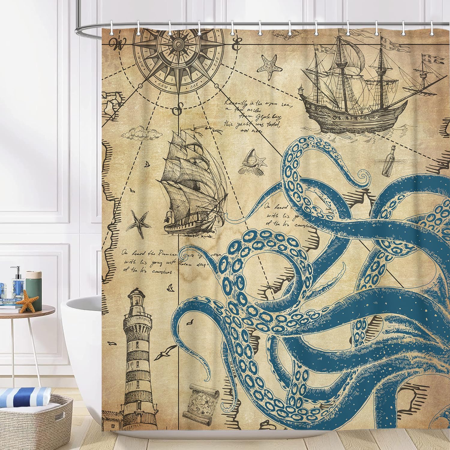 VEIGIKE - Nautical Octopus Fun Bathroom Shower Curtain 60x72 inches