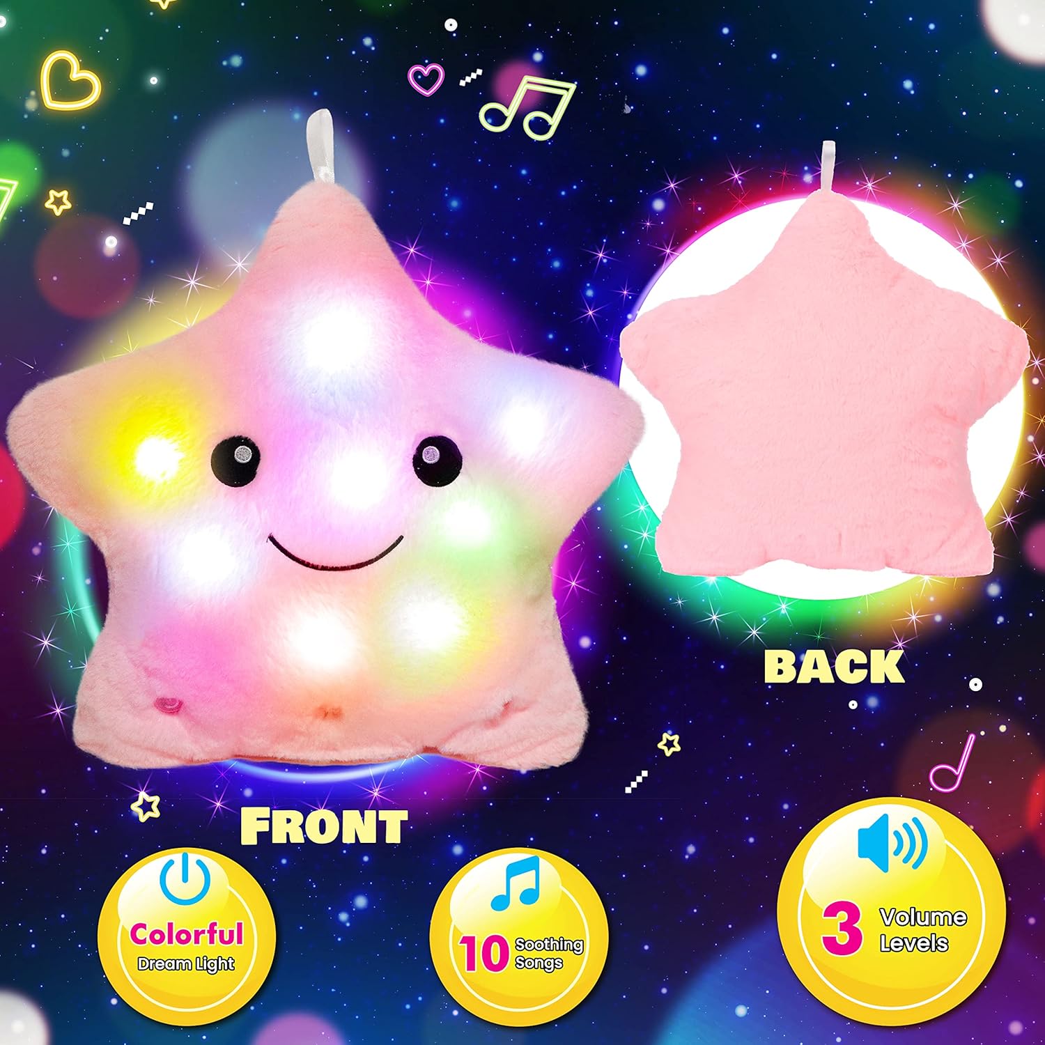 Cuteoy 13 Pink Star Plush Pillow - LED Night Light Music