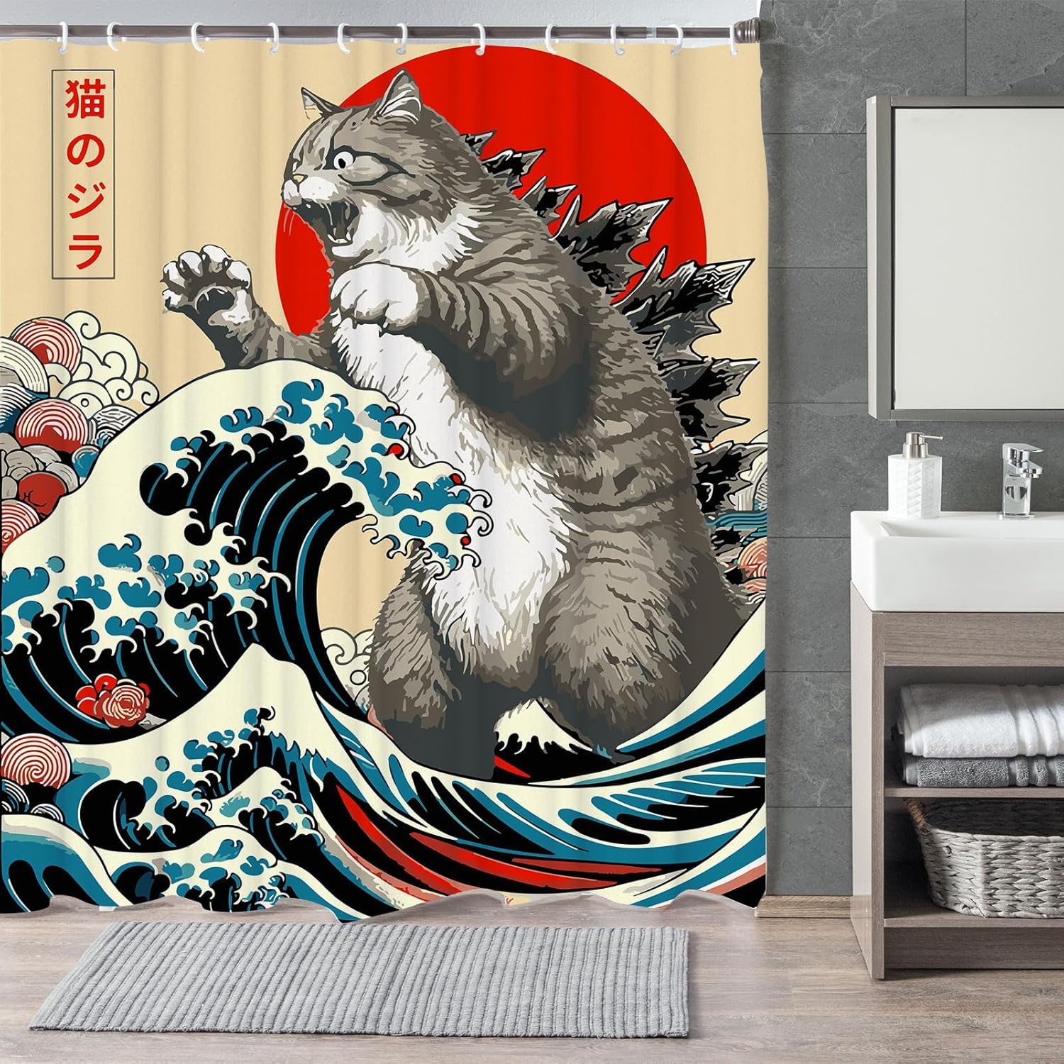 LGF BSC Funny Japanese Cat Shower Curtain