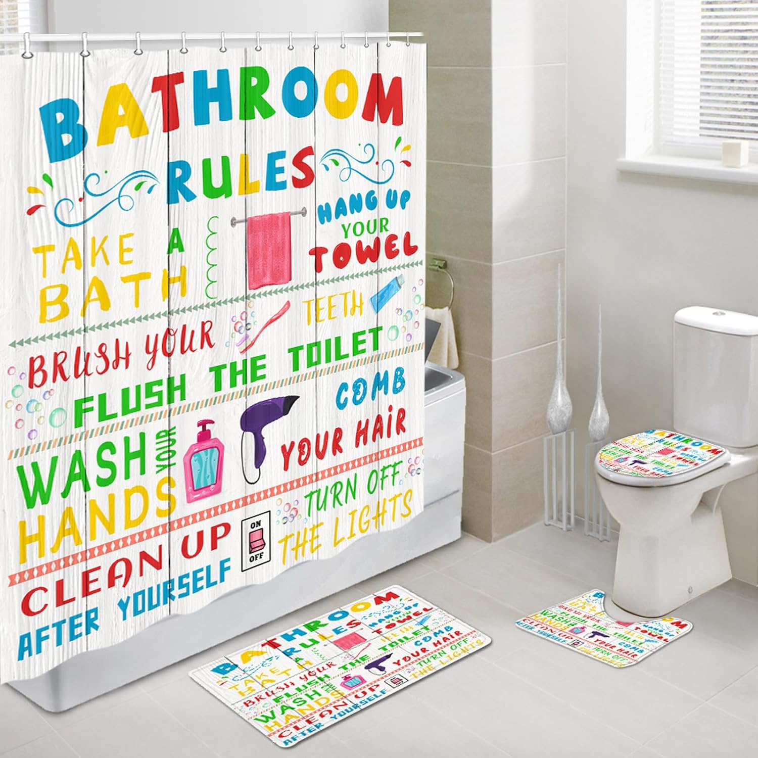 Fun bath time with 4pc Pinpai Kids Shower Curtain Set