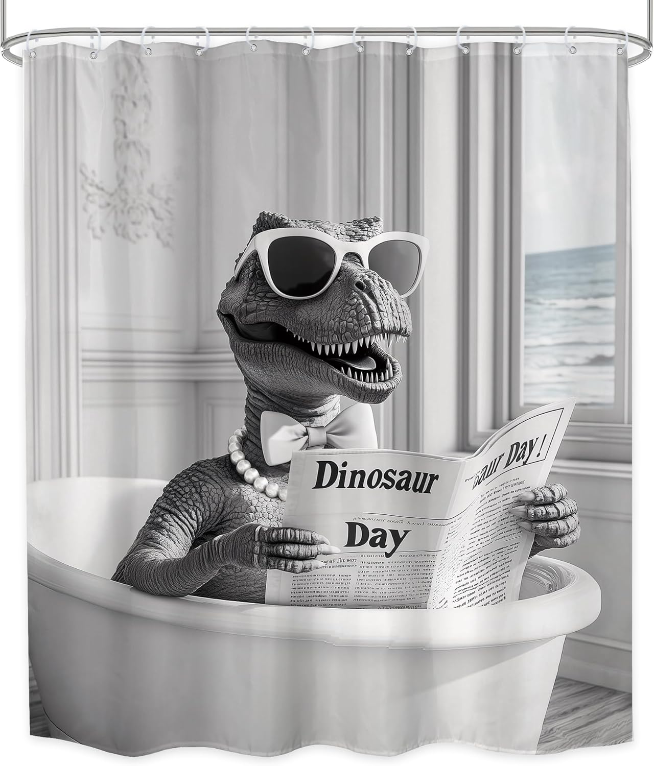 Funny Dinosaur Shower Curtain Set 12 Piece Black White Durable Cozy
