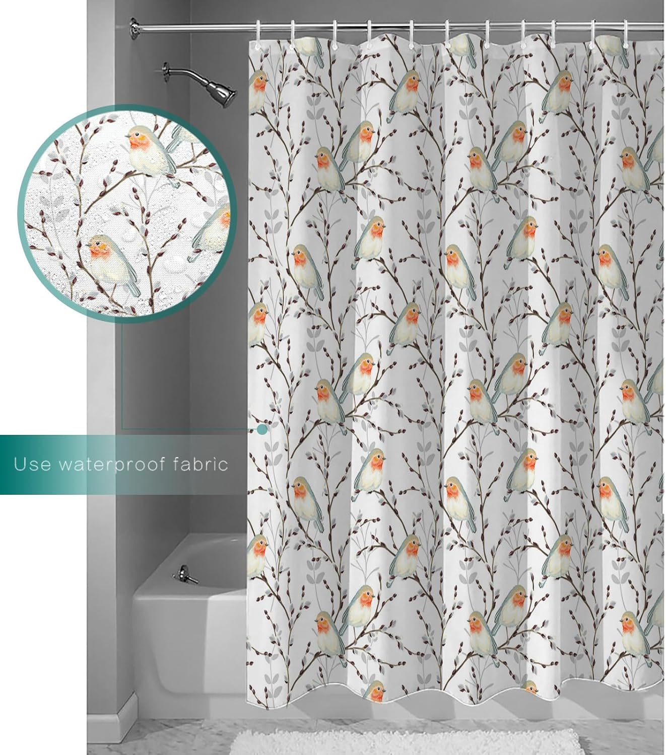 Waterproof shower curtain set for the bathroom with birds and branch design